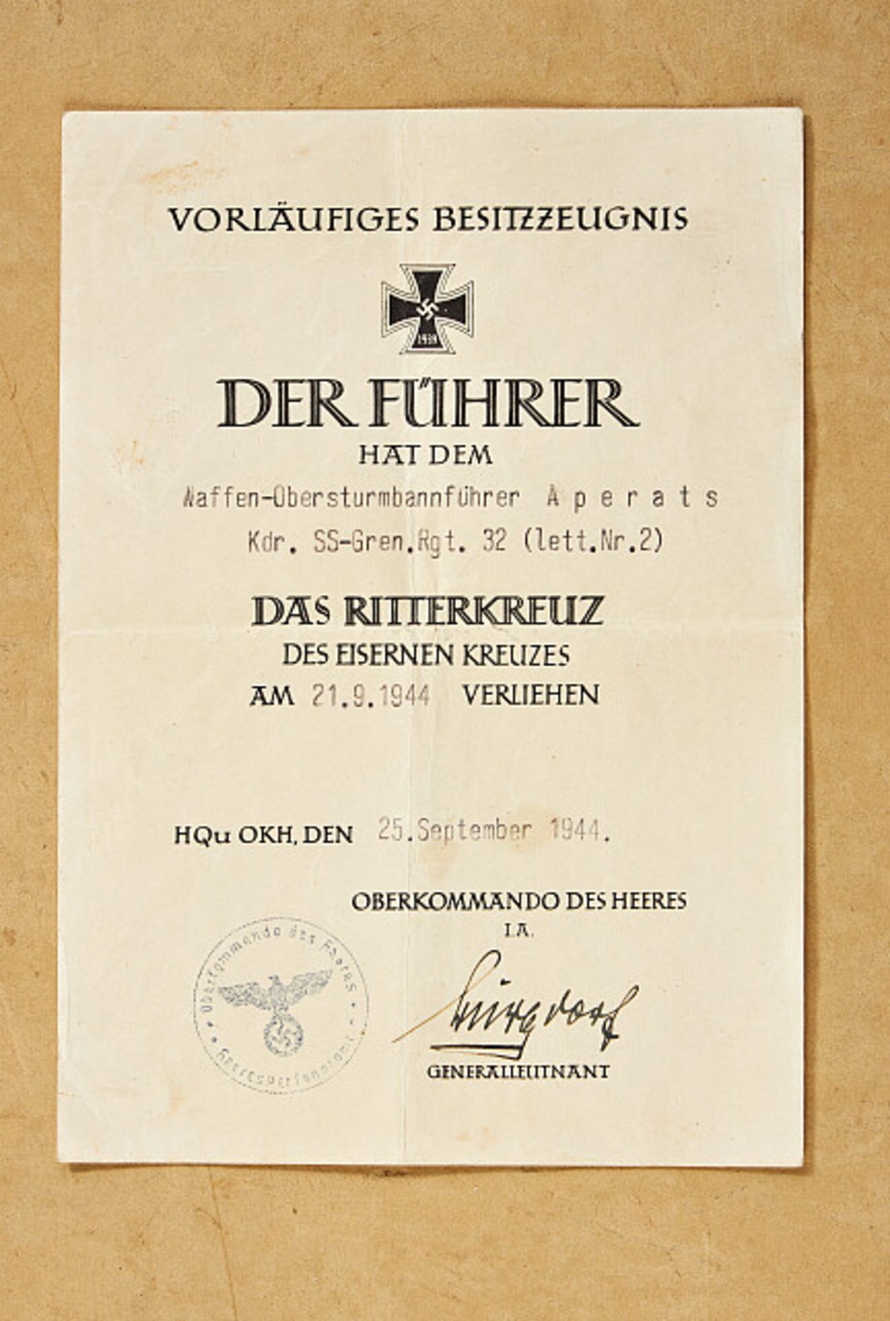 Deutsches Reich 1933 - 1945 - Schutzstaffel-SS - Waffen SS : Vorläufiges Besitzzeugnis zum