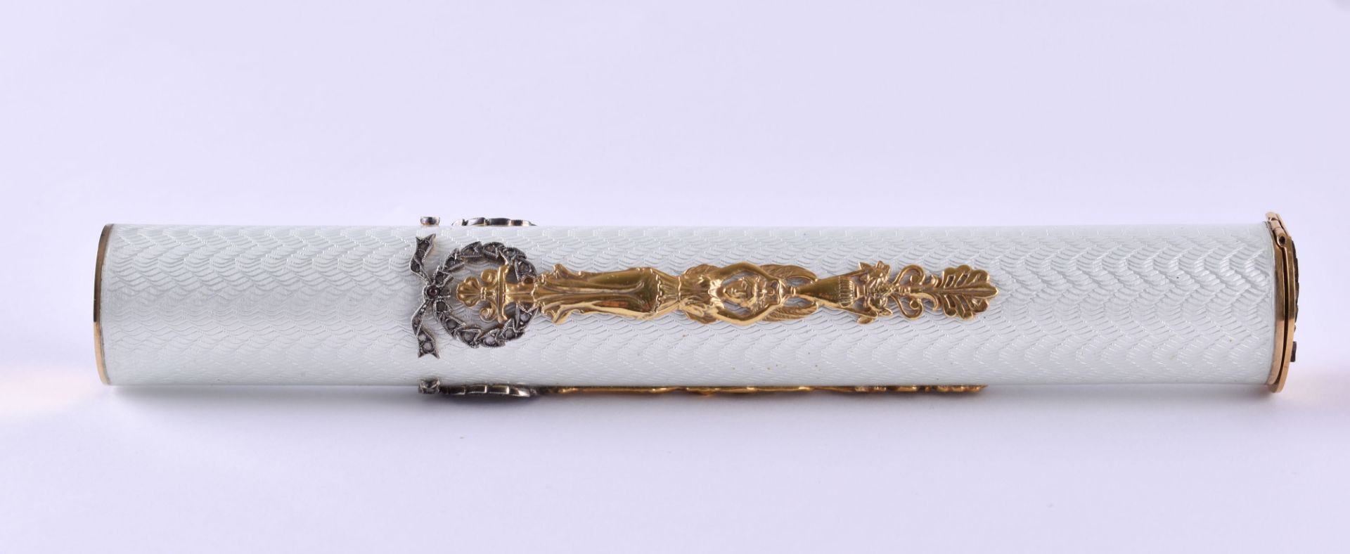 Cigar etui Russiasilver 88 Zolotnik gold-plated, white guilloche enamel, set with small diamond