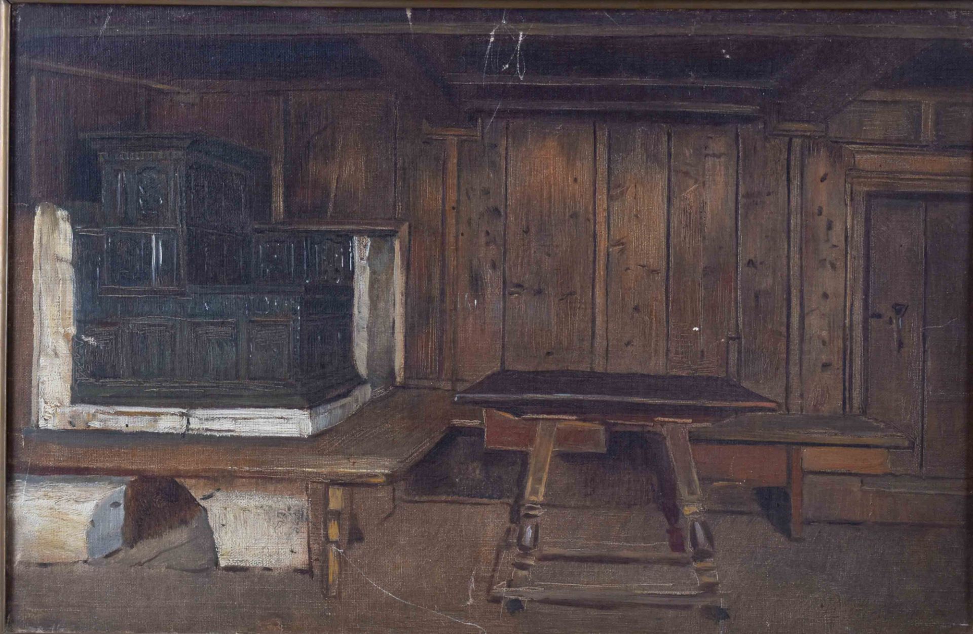 Rudolf HIRTH DU FRENES (1846-1916)"Old Tyrolean farmhouse parlor"Oil on canvas, weak signature on