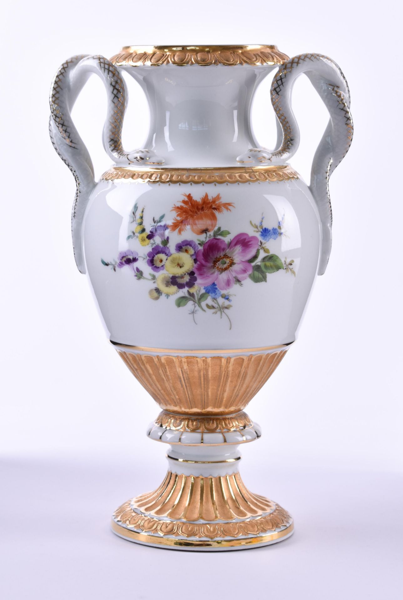 Amphora MeissenGerman flower decor, polychrome painted, richly gilded, blue sword mark, 1st