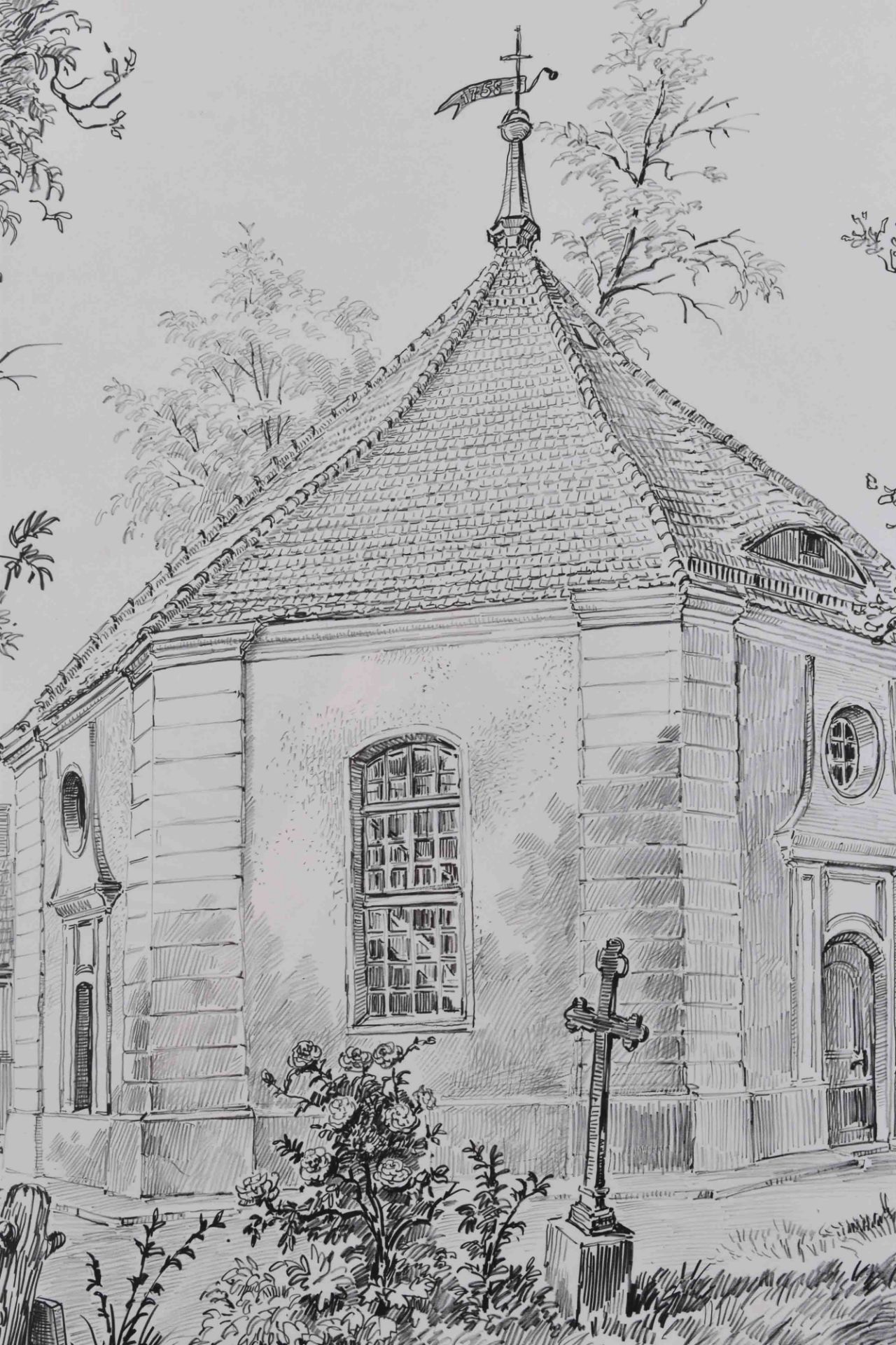 Unknown artist of the 20th century"Village Church Zehlendorf"graphic lithography, visible size 42. - Bild 3 aus 5