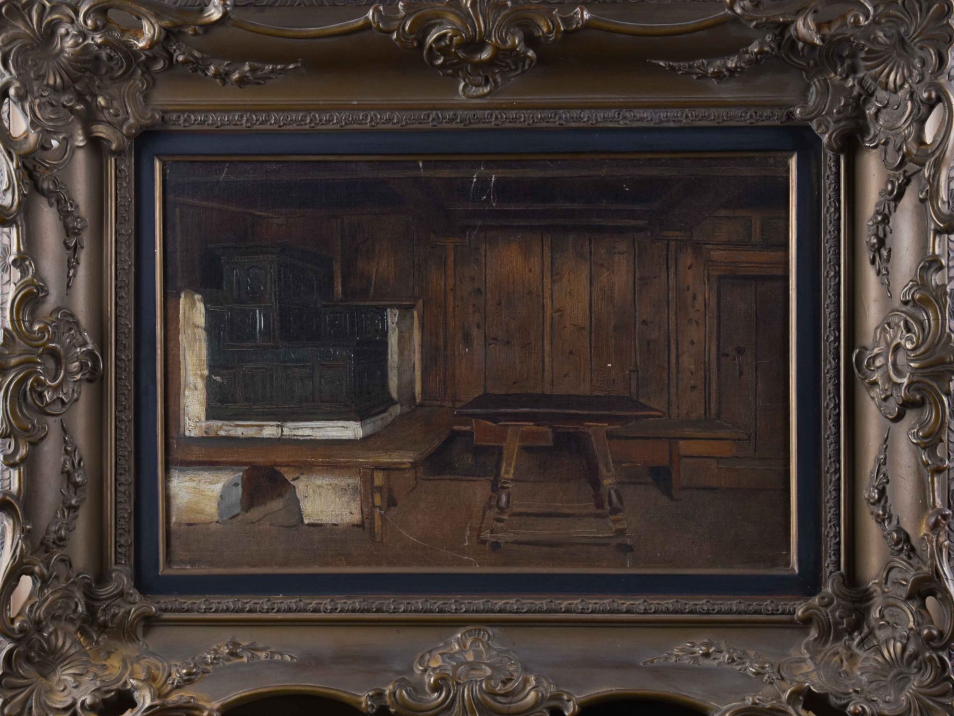 Rudolf HIRTH DU FRENES (1846-1916)"Old Tyrolean farmhouse parlor"Oil on canvas, weak signature on - Bild 2 aus 6