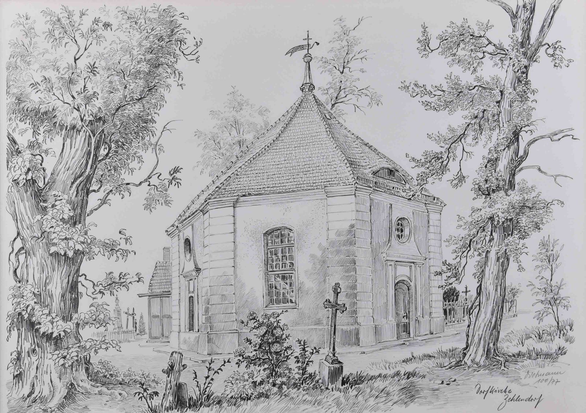 Unknown artist of the 20th century"Village Church Zehlendorf"graphic lithography, visible size 42.