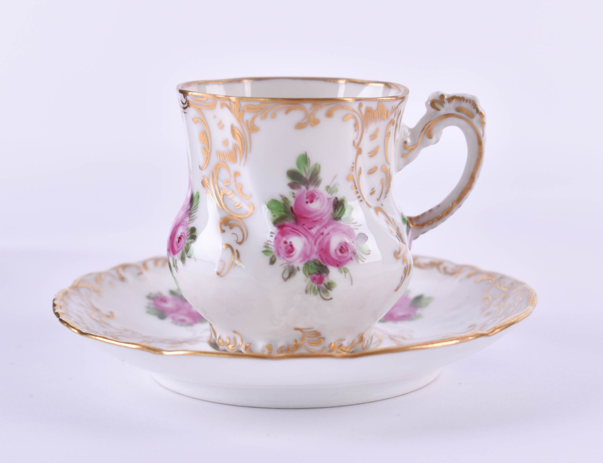 Mocca cup Dresdencolored and richly gold painted, hand painted, monogrammed M.Z.Moccatasse