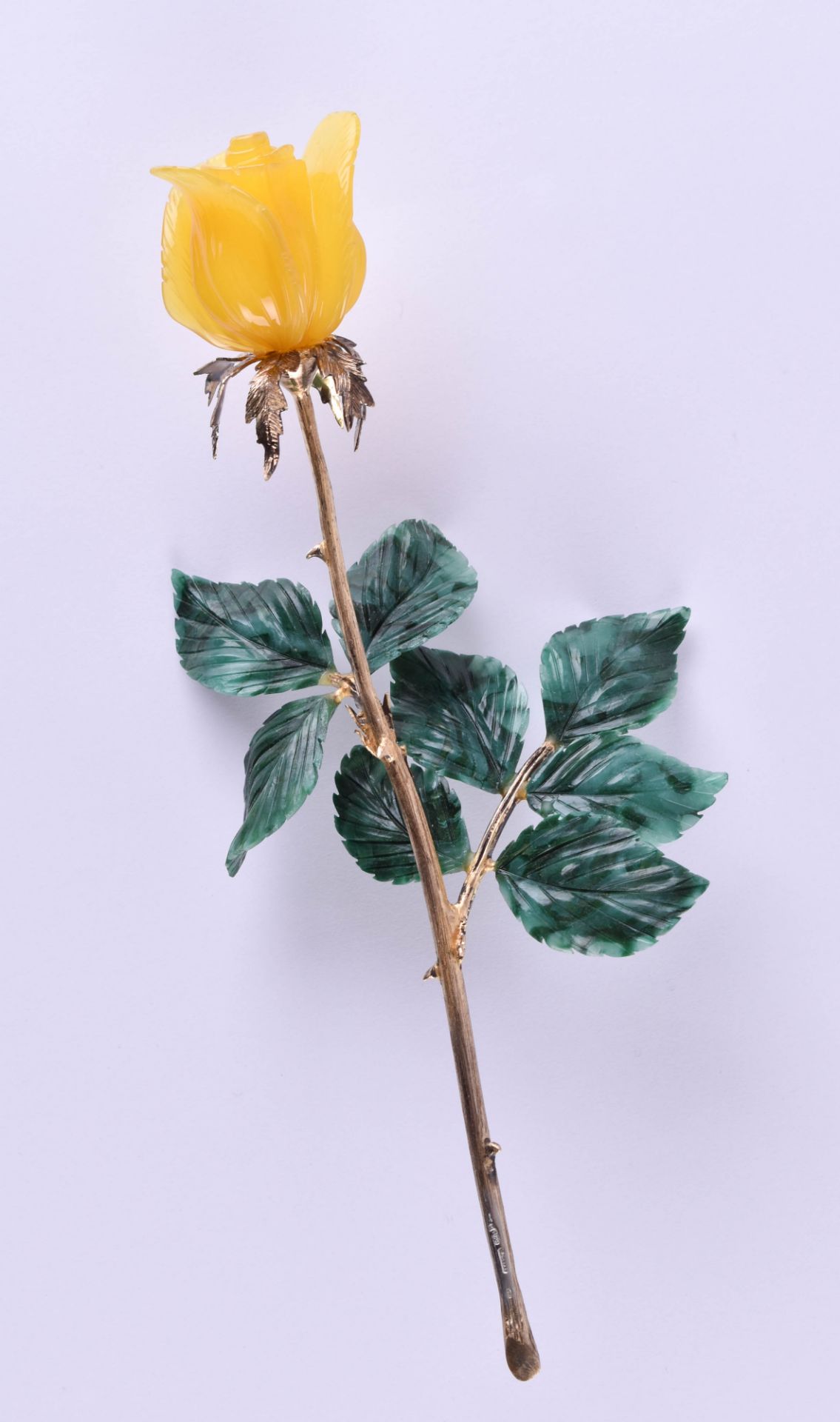 Rose Russiastalk silver gilded 88 Zolotnik, leaves made of nephrite jade, flower probably made of