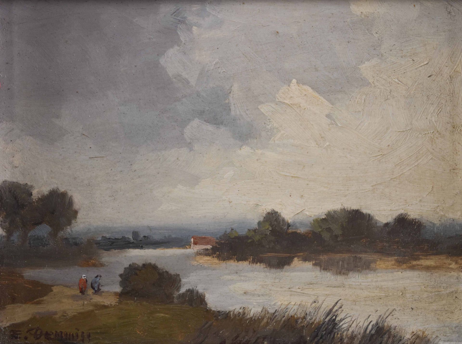 Erich DEMMIN (1911-1997)"River landscape"painting oil / wood, 11.5 cm x 15 cm, framed 23 cm x 27