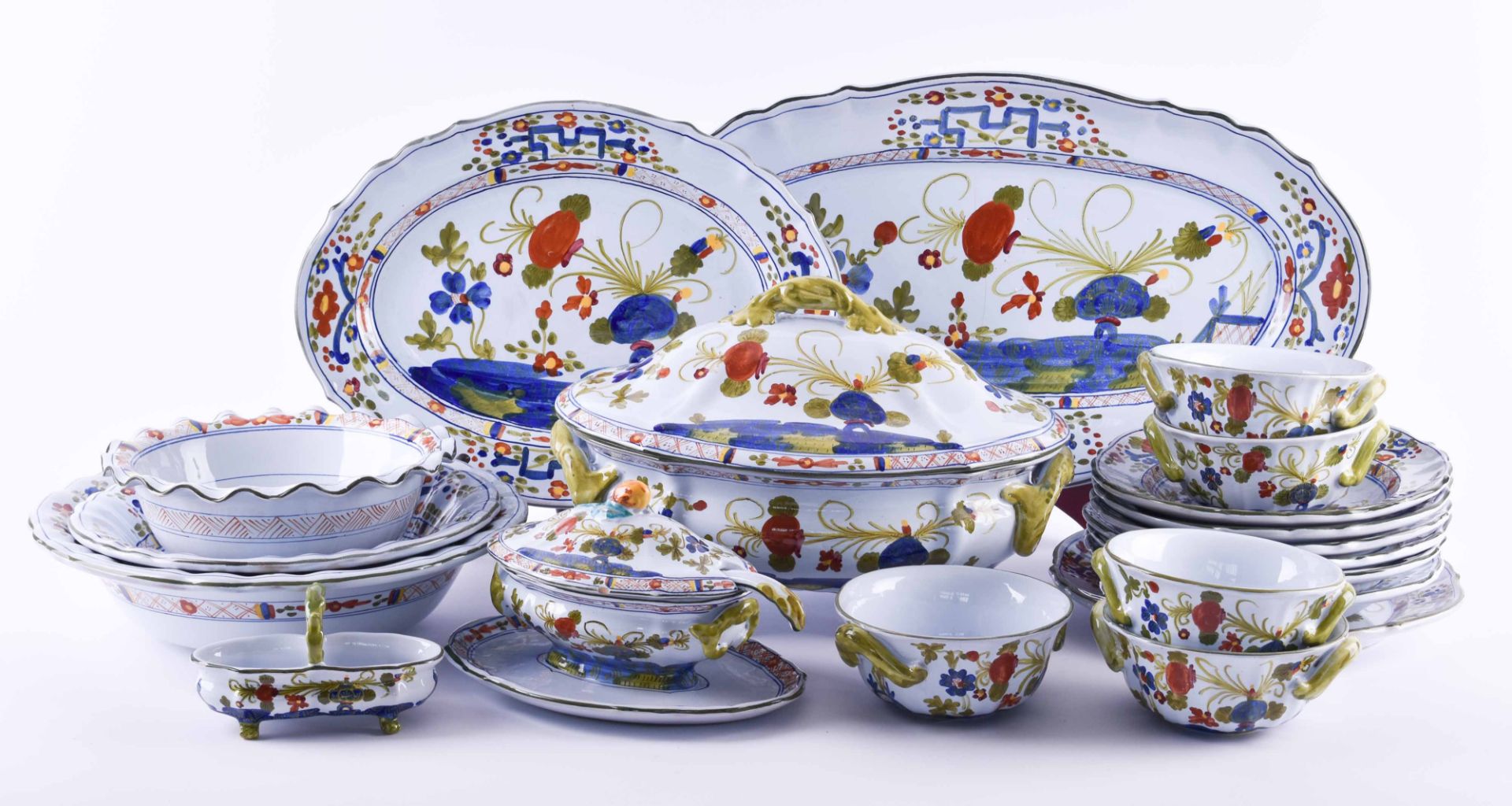 A group of majolica CACF Faenza, Italy20 pieces, Dining service, Garofano decor, including: 1 lid