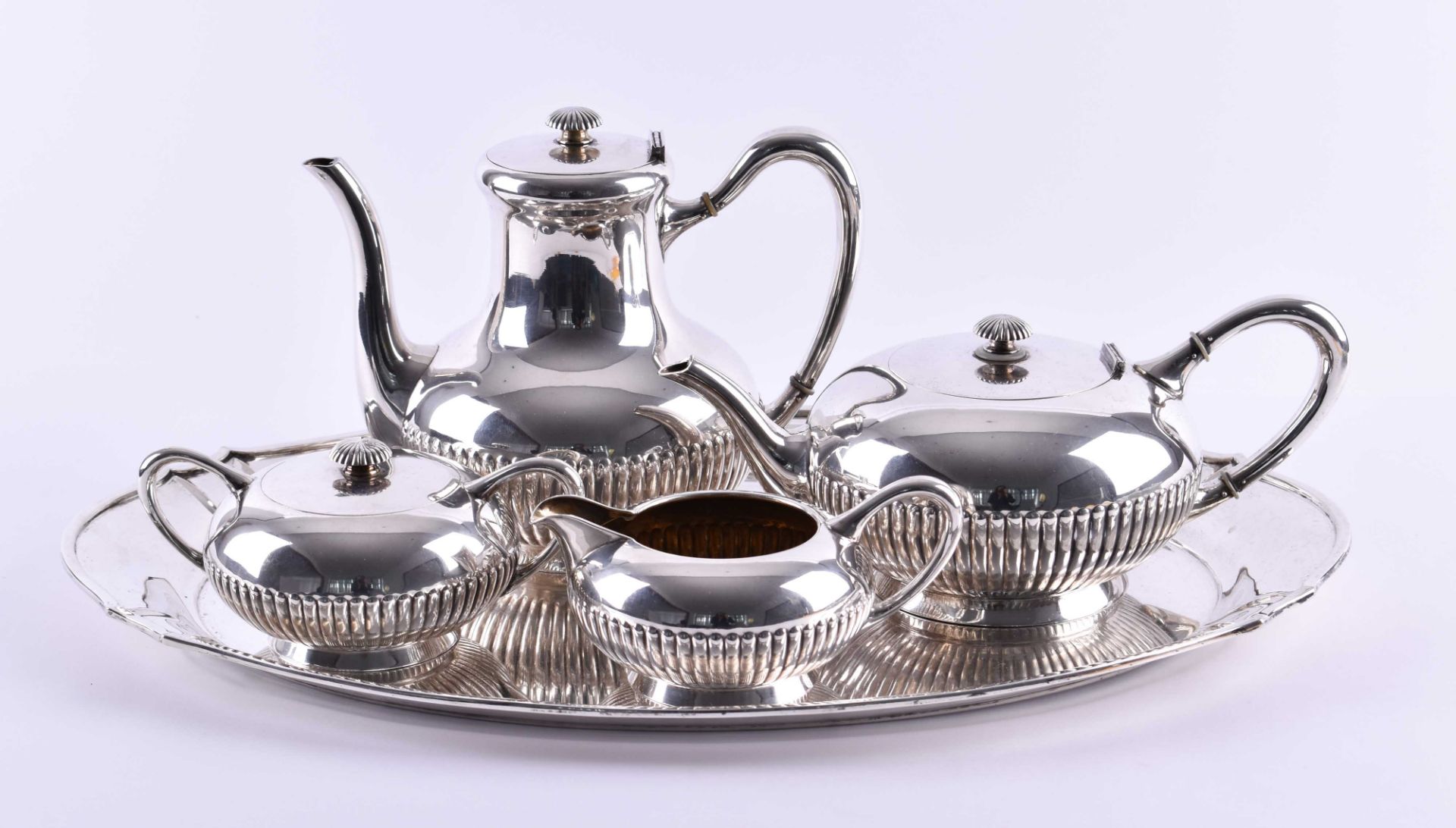 Silver centerpiece5 pieces, 1 coffee pot, 1 teapot, 1 sugar bowl with lid, 1 creamer, 1 tray,