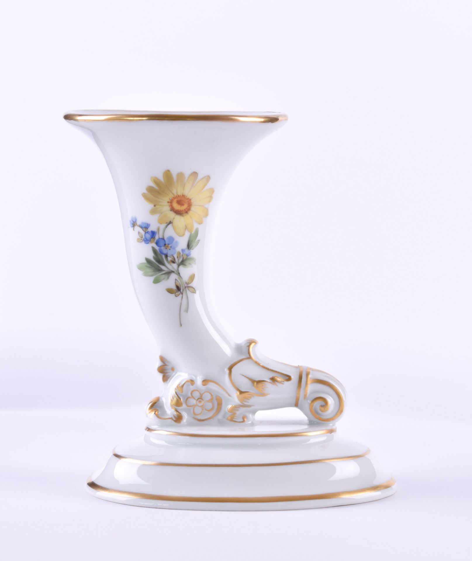 Cornucopia vase Meissendecor German flower, gilded, blue sword mark, 1st choice, height: 12