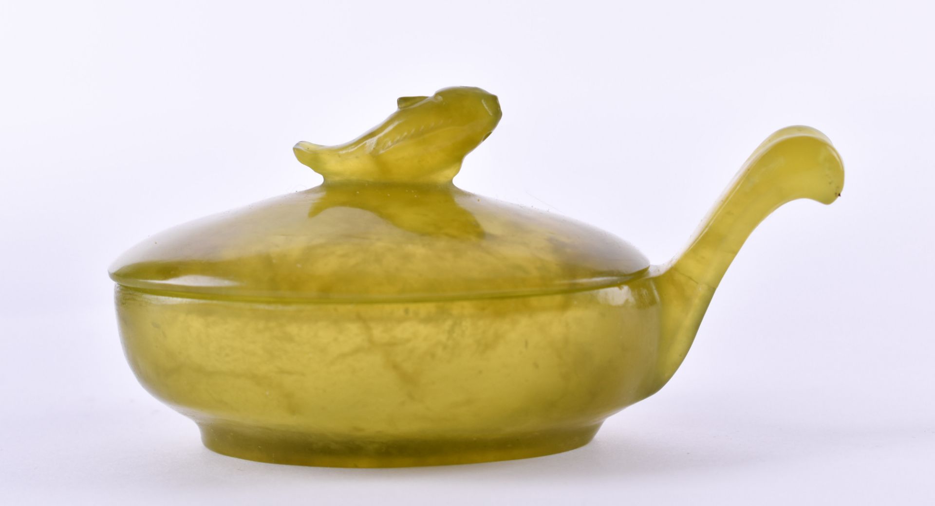 Kovsch Russiagreen-yellow jade, with lid, top is with richly decorative element and with a fish,