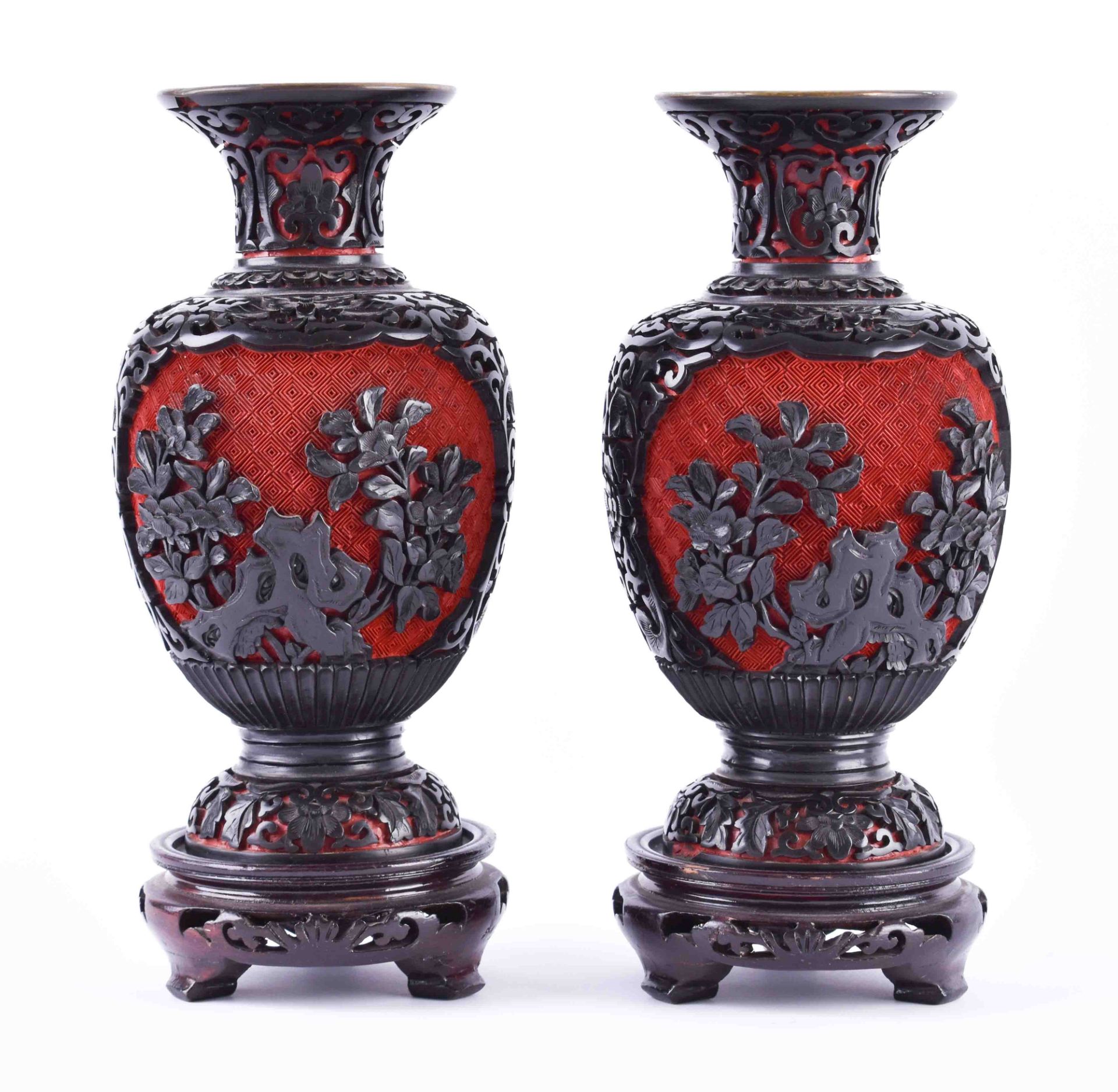 Pair of lacquer vases China 20th centuryeach standing on a wooden base, total height 21 cmPaar