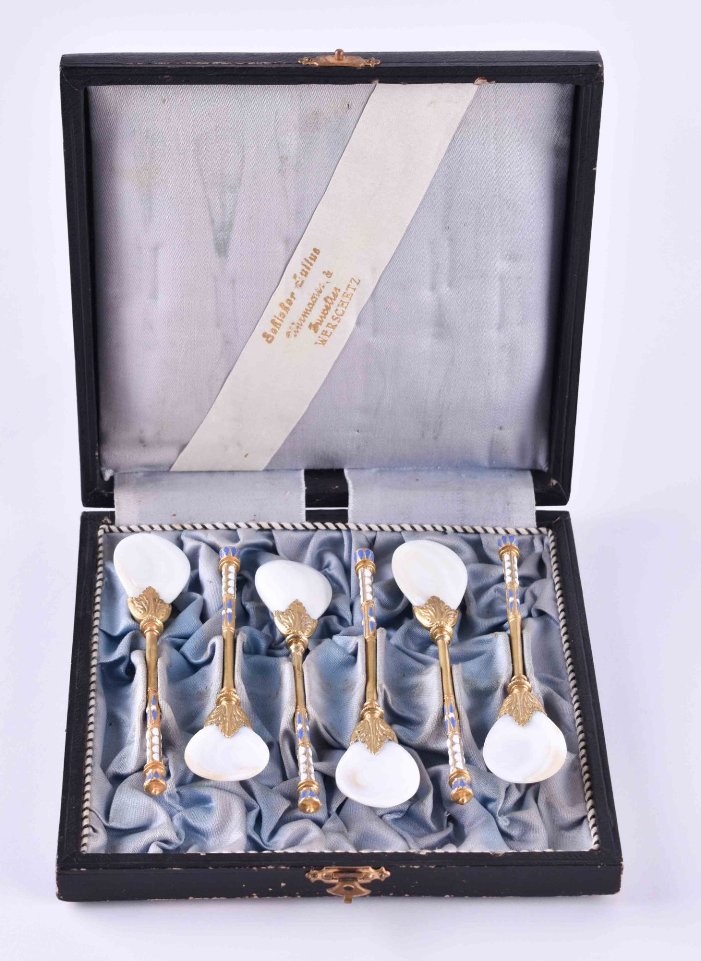 Caviar spoon Russia6 pieces, mother-of-pearl, silver 88 Zolotnik gilded and enamelled, cyrillic - Bild 2 aus 5