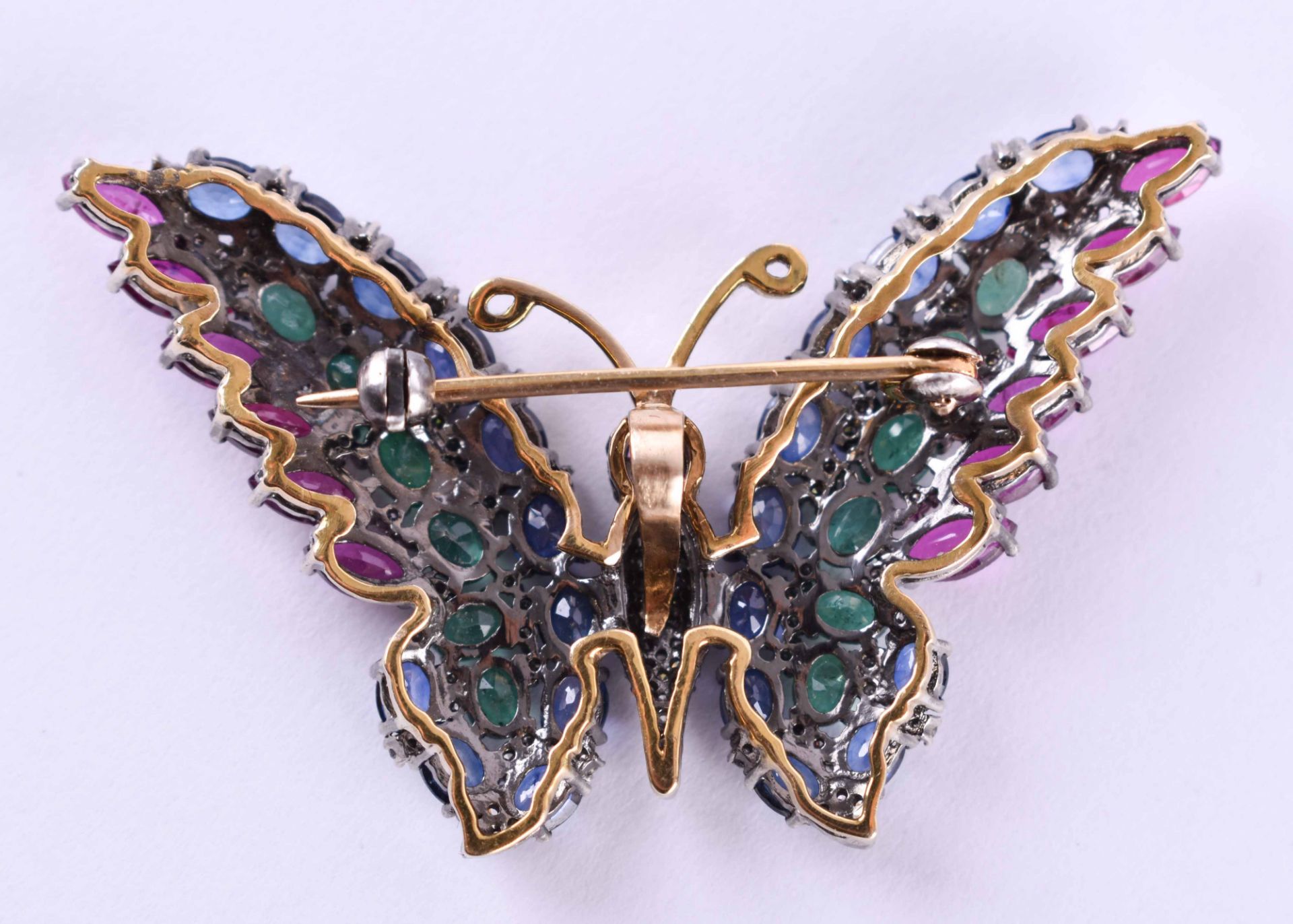 Butterfly brooch / Pendant Russiayellow gold 56 Zolotnik, set with 12 rubies with navette cut - Bild 4 aus 6