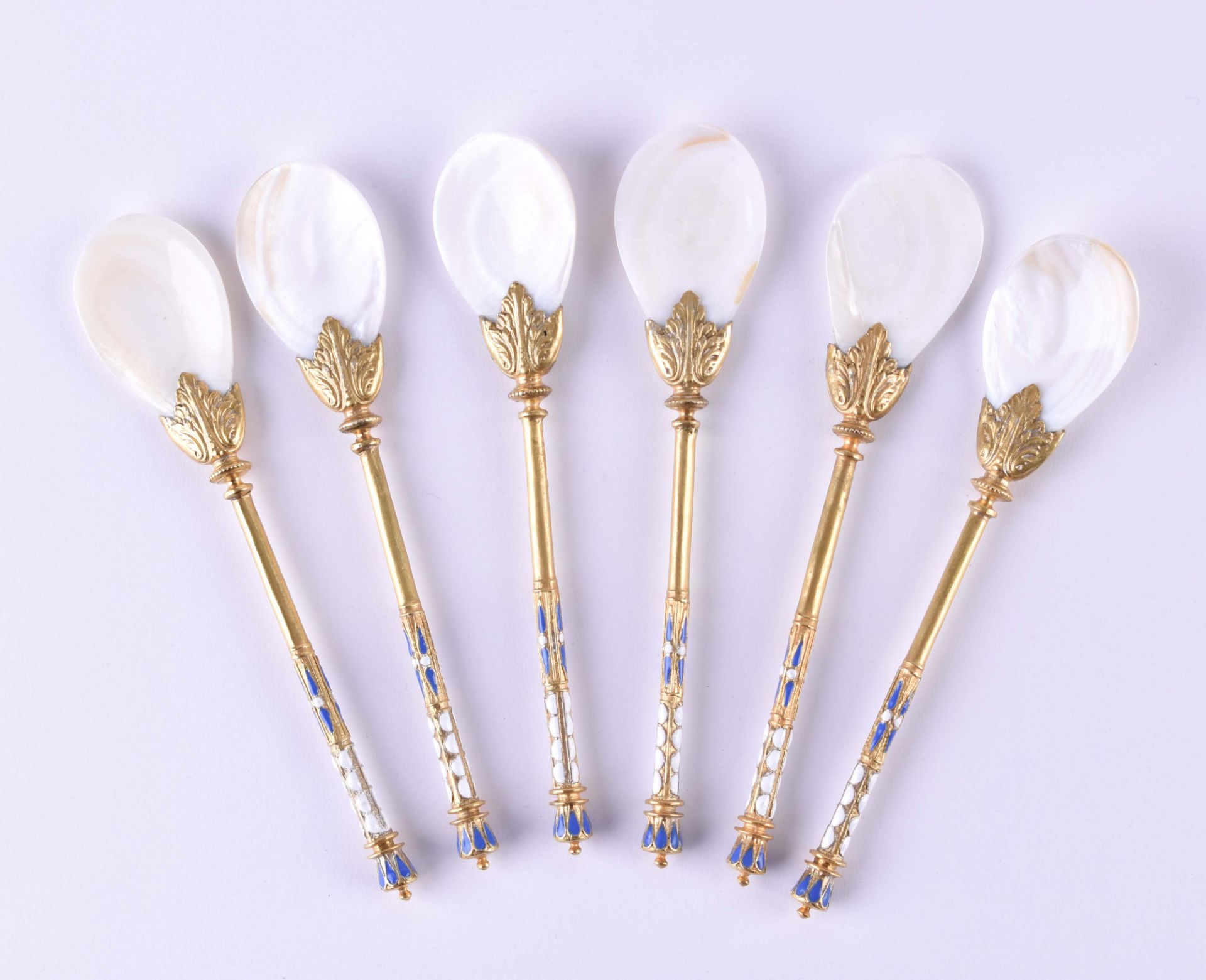 Caviar spoon Russia6 pieces, mother-of-pearl, silver 88 Zolotnik gilded and enamelled, cyrillic