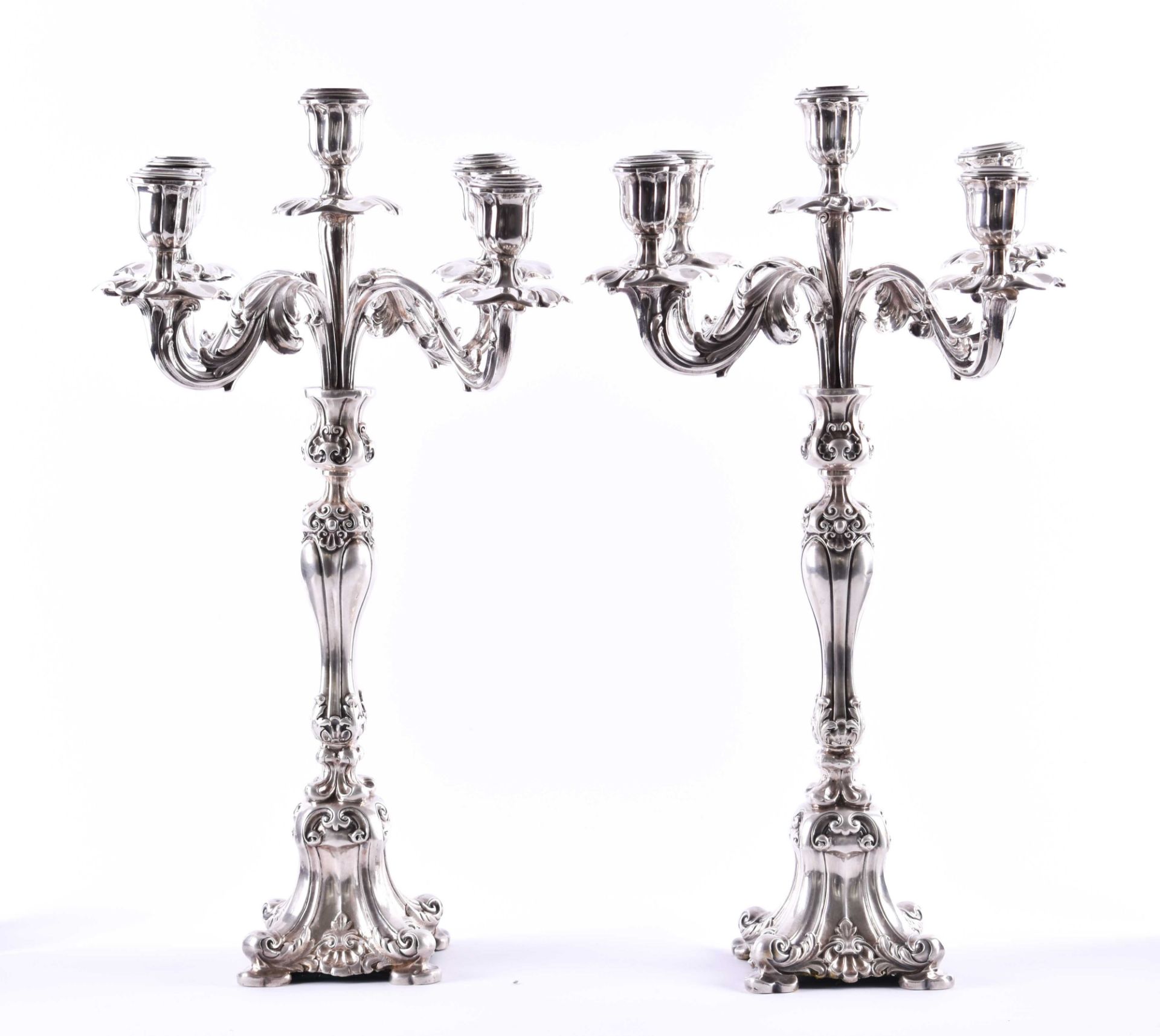 2 five-flame silver girandoles2 large candlesticks, height: 54 cm, in the 19th century, rough