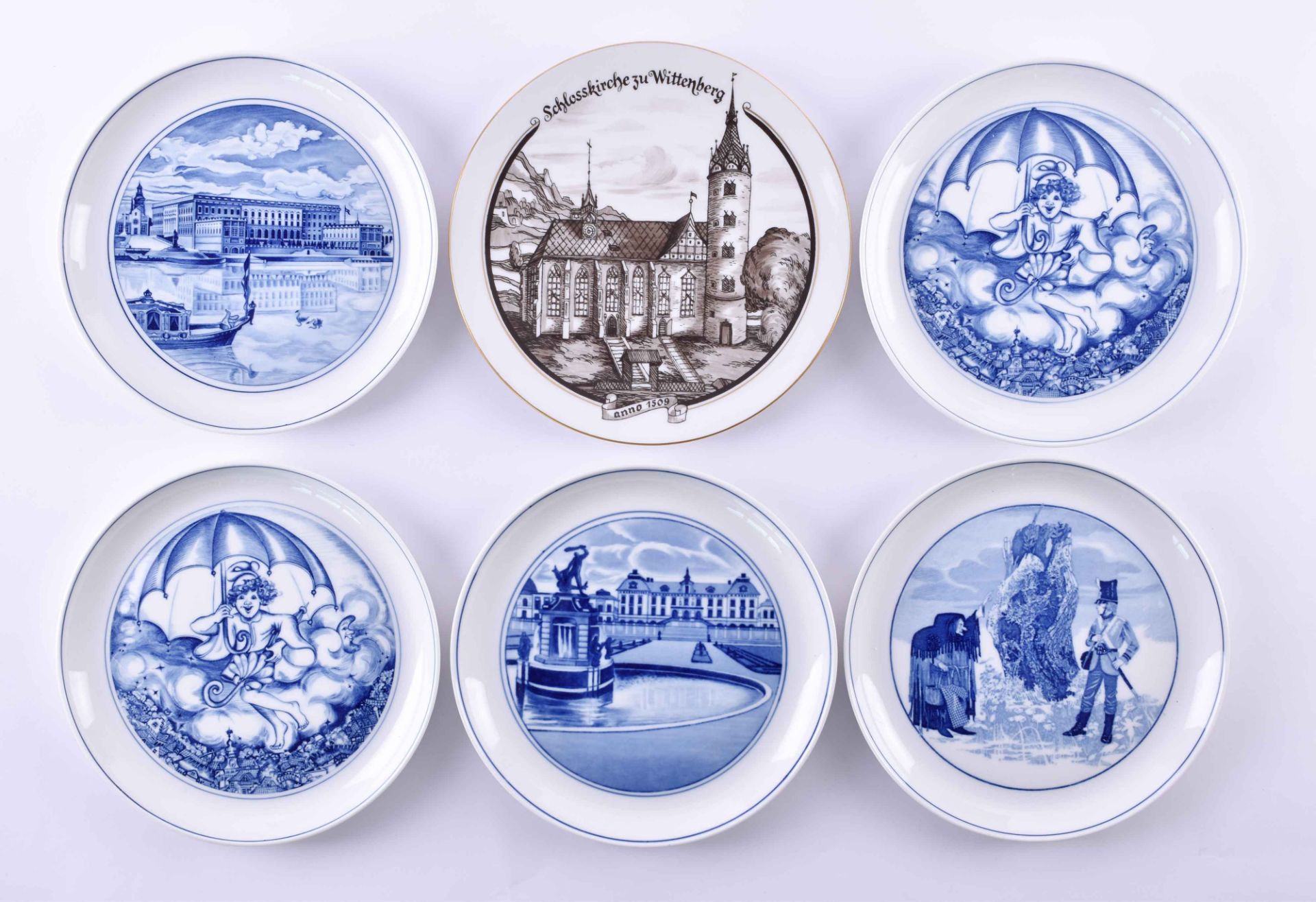 6 wall plates Meißen 1977 - 1983with different motifs, 5x Ø 18 cm, 1x Ø 19 cm, all with suspension