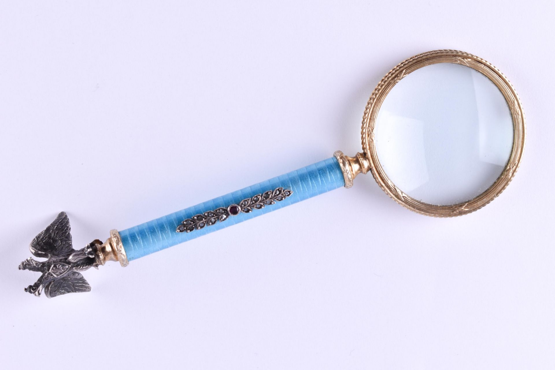 Magnifying glass Russiasilver gilded, handle with blue guilloche enamel and set with small diamond