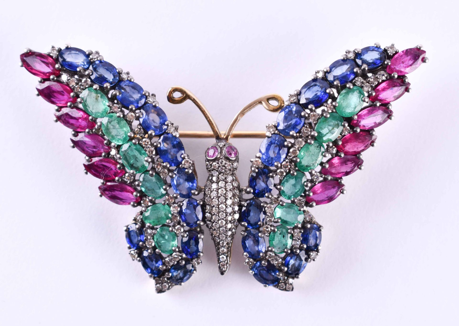 Butterfly brooch / Pendant Russiayellow gold 56 Zolotnik, set with 12 rubies with navette cut