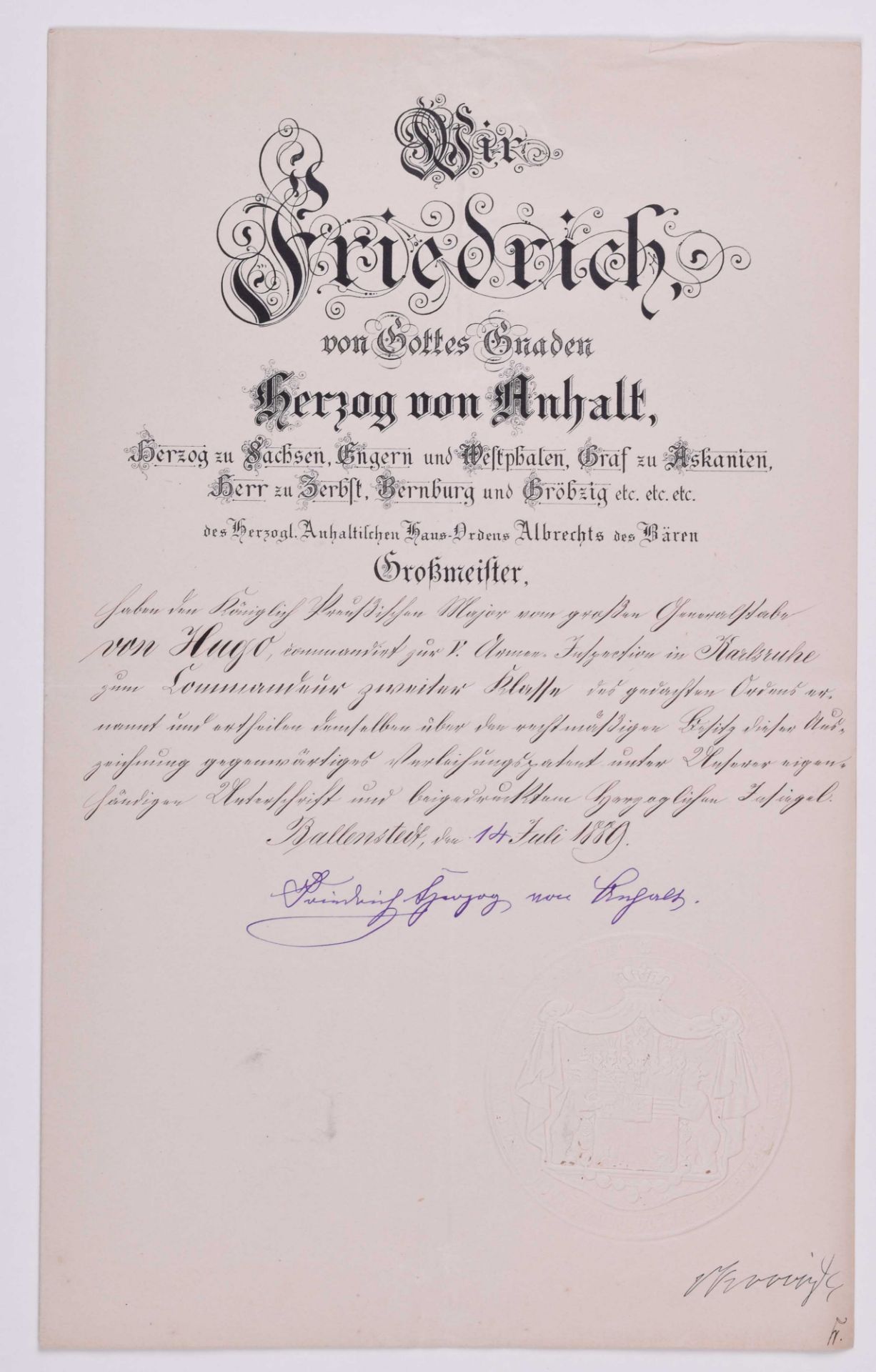 Verleihungsurkunde zum Kommandeur II. Klasse vom 14.07.1889 AnhaltCarl-Georg von Hugo mit