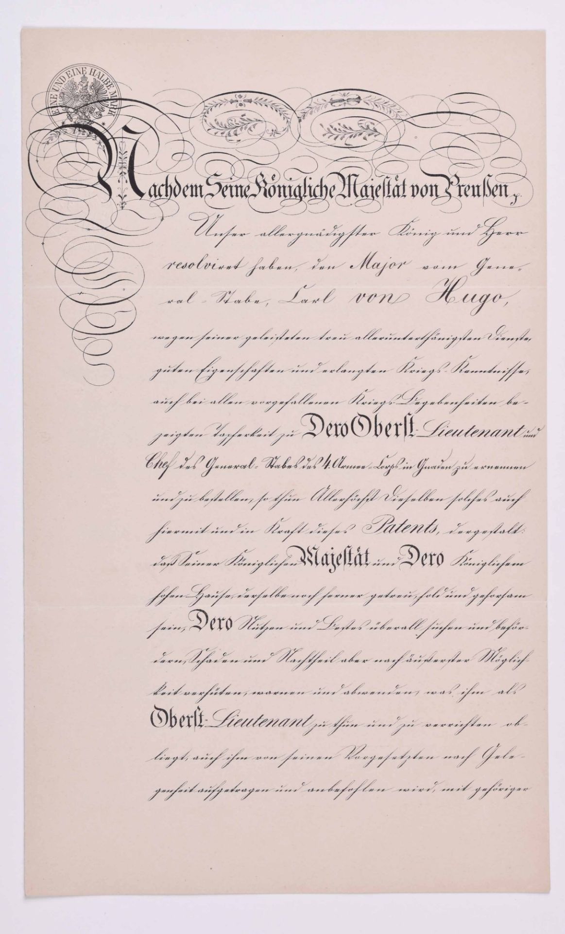 Offizierspatent vom 24.03.1890Patent als Oberst Leutnant für Carl-Georg von Hugo, mit