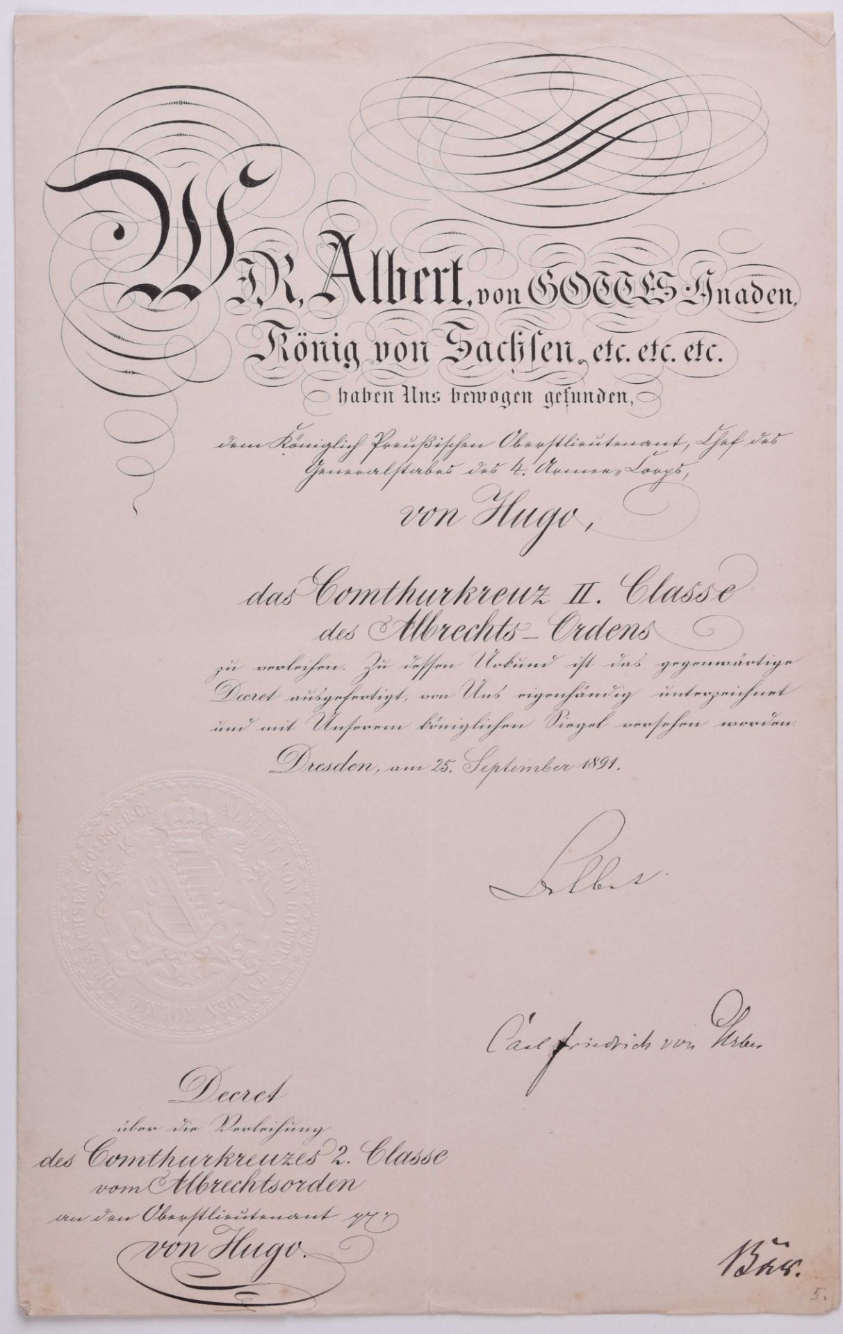 Verleihungsurkunde Komturkreuz II. Klasse des Albrechtsorden vom 25.09.1891Verleihungsurkunde