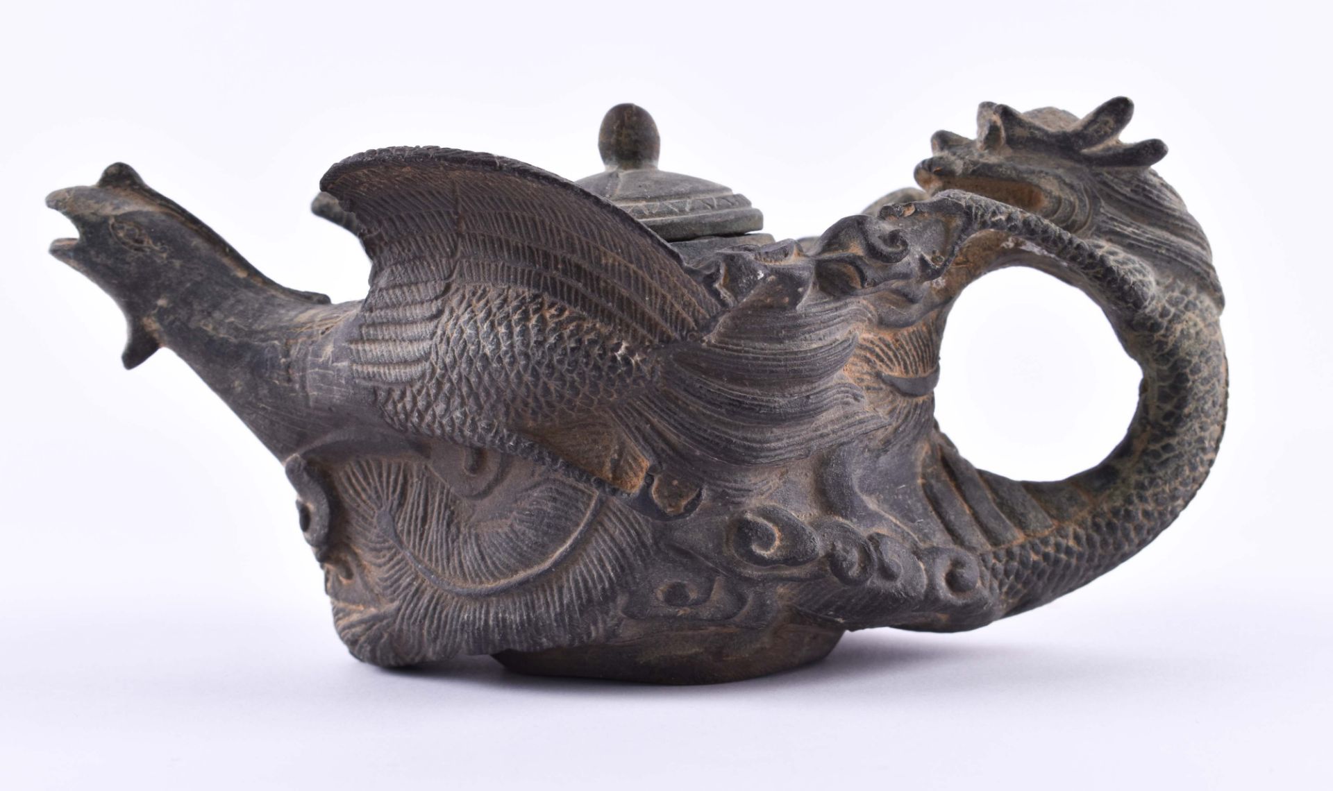 Kanne China Qing PeriodeBronze, innen versintert, Drachengriff und Ausguss Kopf des Phönix, mit - Bild 4 aus 6