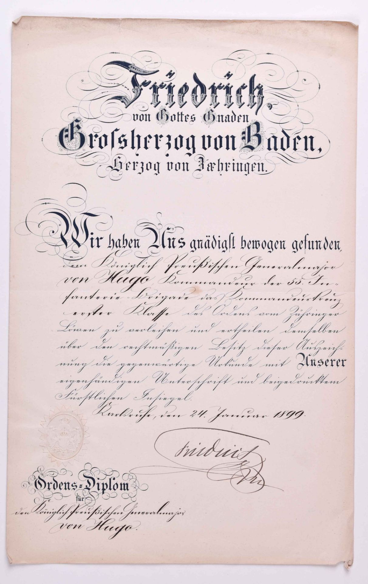 Verleihungsurkunde Kommandeurskreuz 1. Klasse, 24.1.1899, BadenVerleihungsurkunde zum