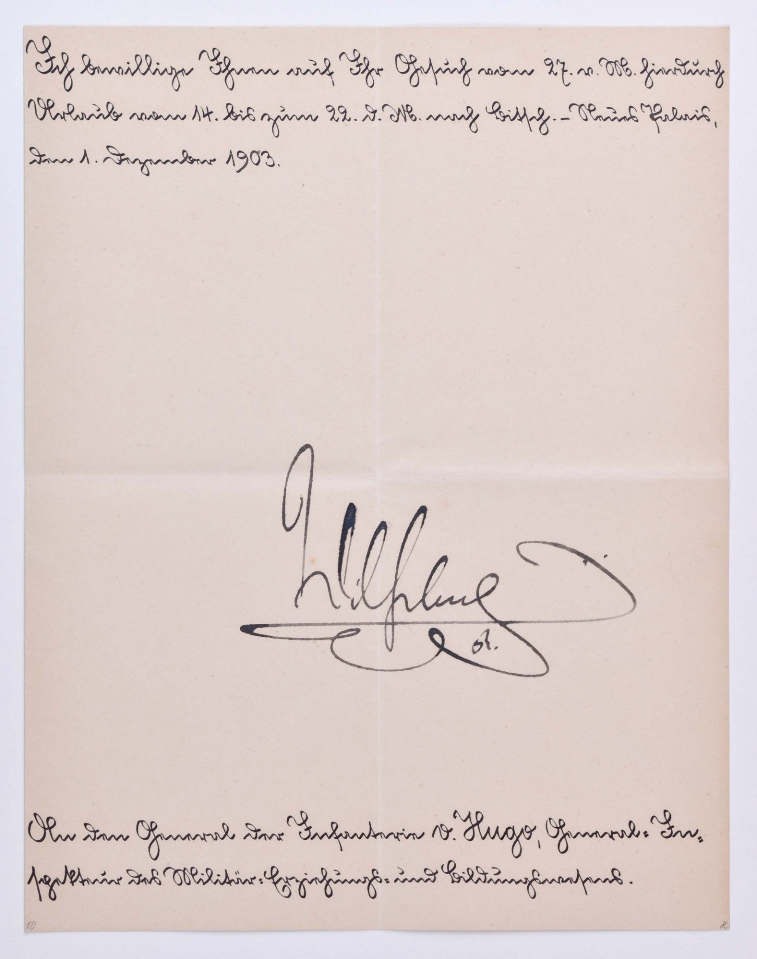 Urlaubsbewilligung vom 1.12.1903Urlaubsbewilligung für General der Infantrie Carl-Georg von Hugo,