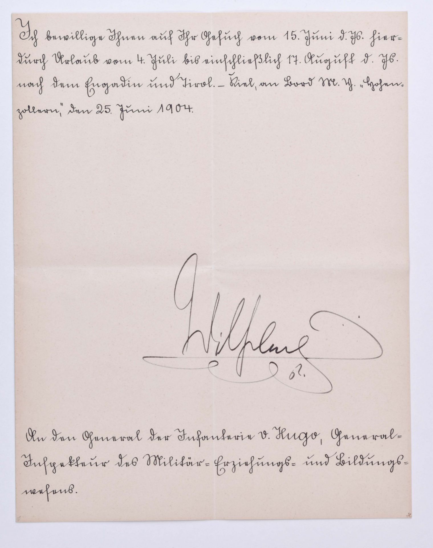Urlaubsbewilligung vom 25.6.1904Urlaubsbewilligung für General der Infantrie Carl-Georg von Hugo,