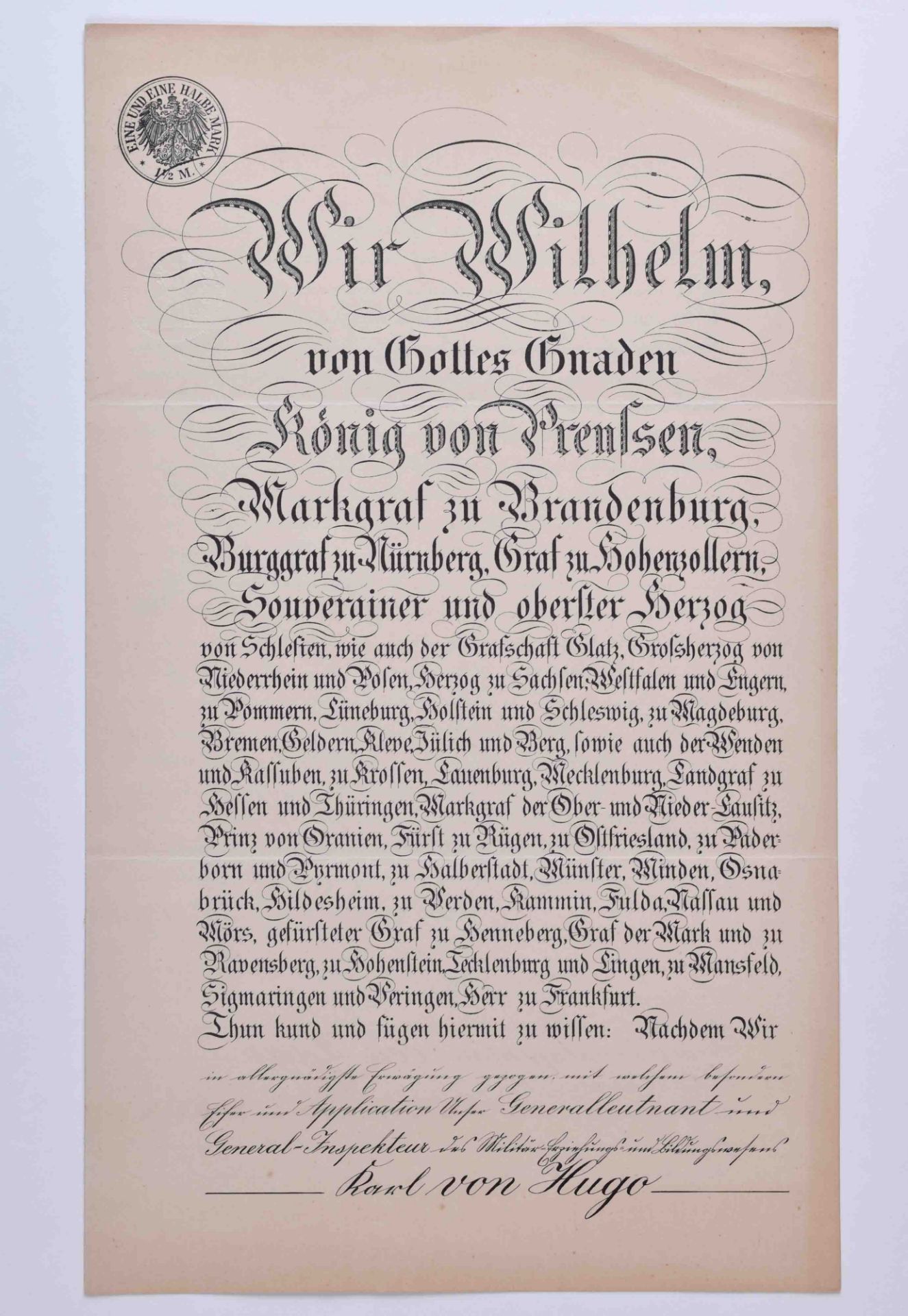 Offizierspatent vom 14.11.1903Patent als General der Infantrie für Carl-Georg von Hugo, mit