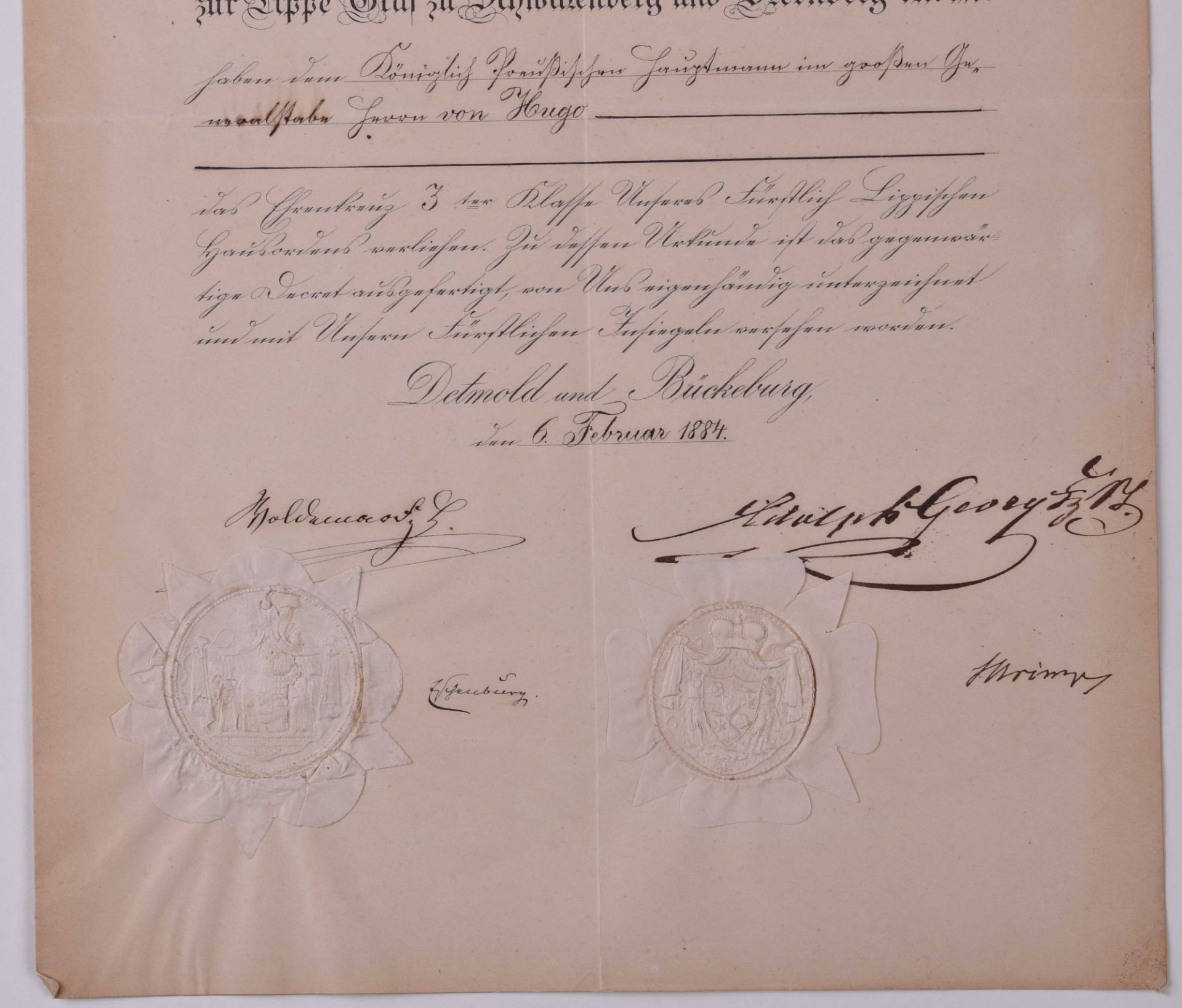 Verleihungsurkunde Ehrenkreuz III. Klasse zum Hausorden vom 6.02.1884 Lippe - Bild 2 aus 2