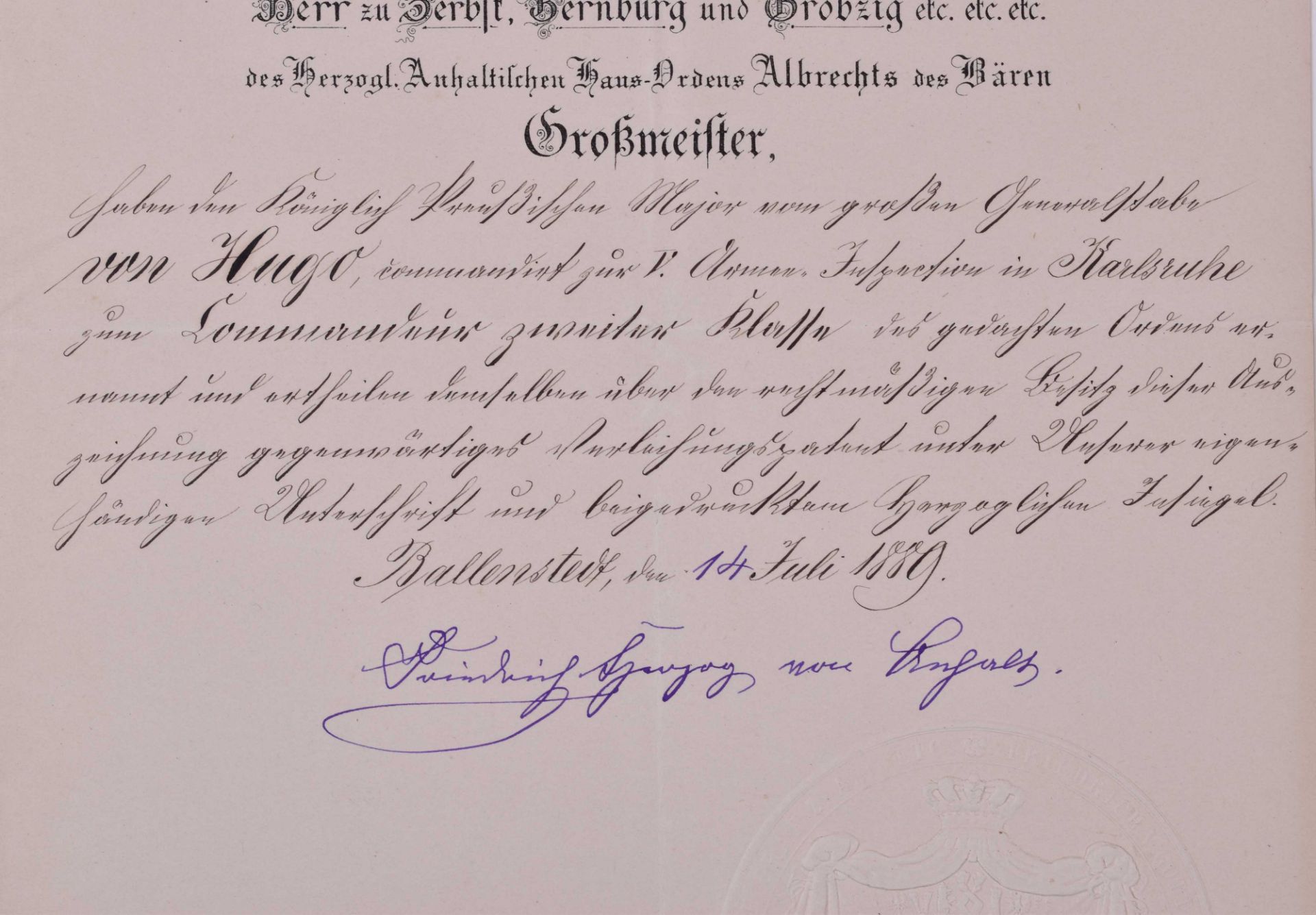 Verleihungsurkunde zum Kommandeur II. Klasse vom 14.07.1889 AnhaltCarl-Georg von Hugo mit - Bild 2 aus 4