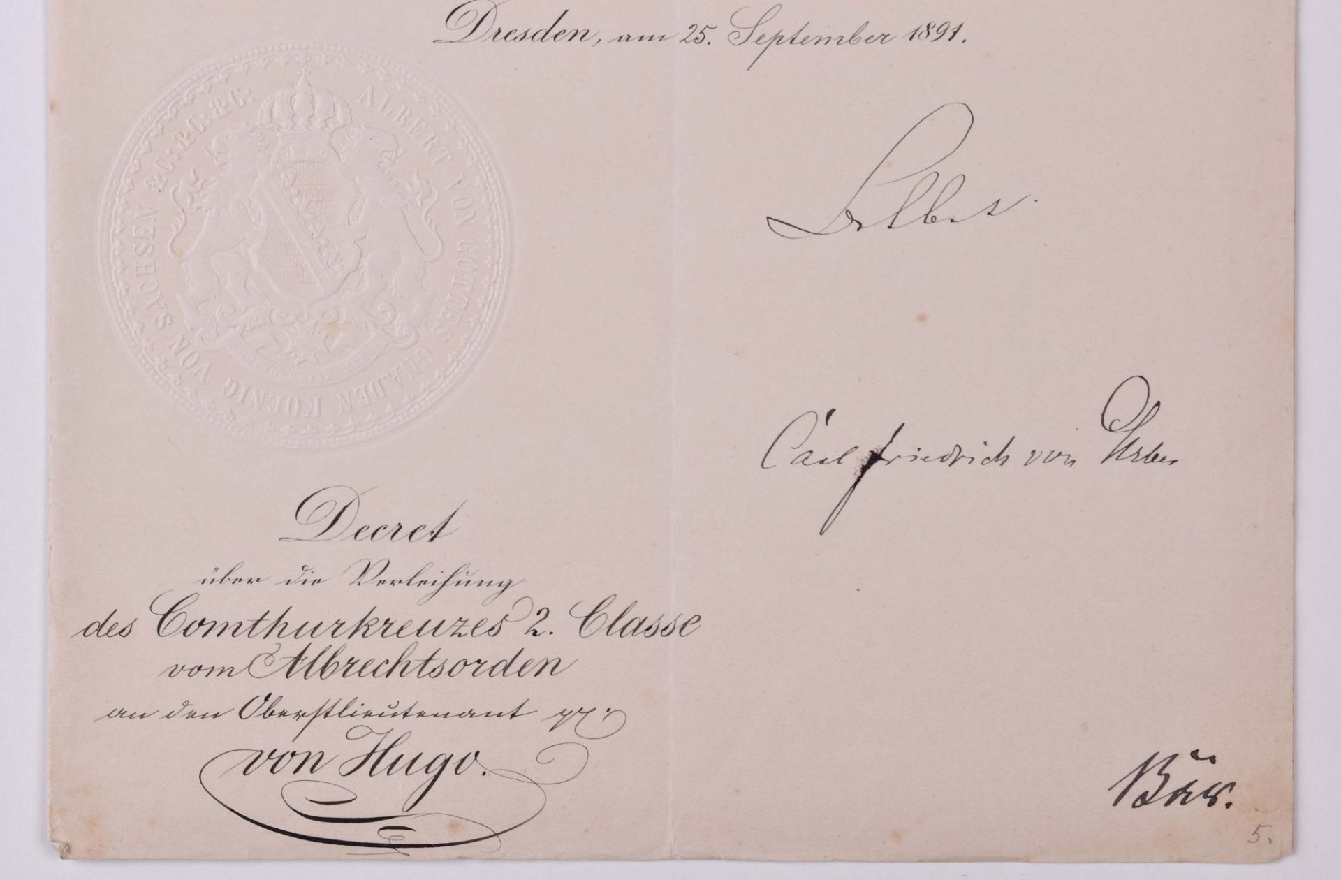Verleihungsurkunde Komturkreuz II. Klasse des Albrechtsorden vom 25.09.1891Verleihungsurkunde - Bild 2 aus 2
