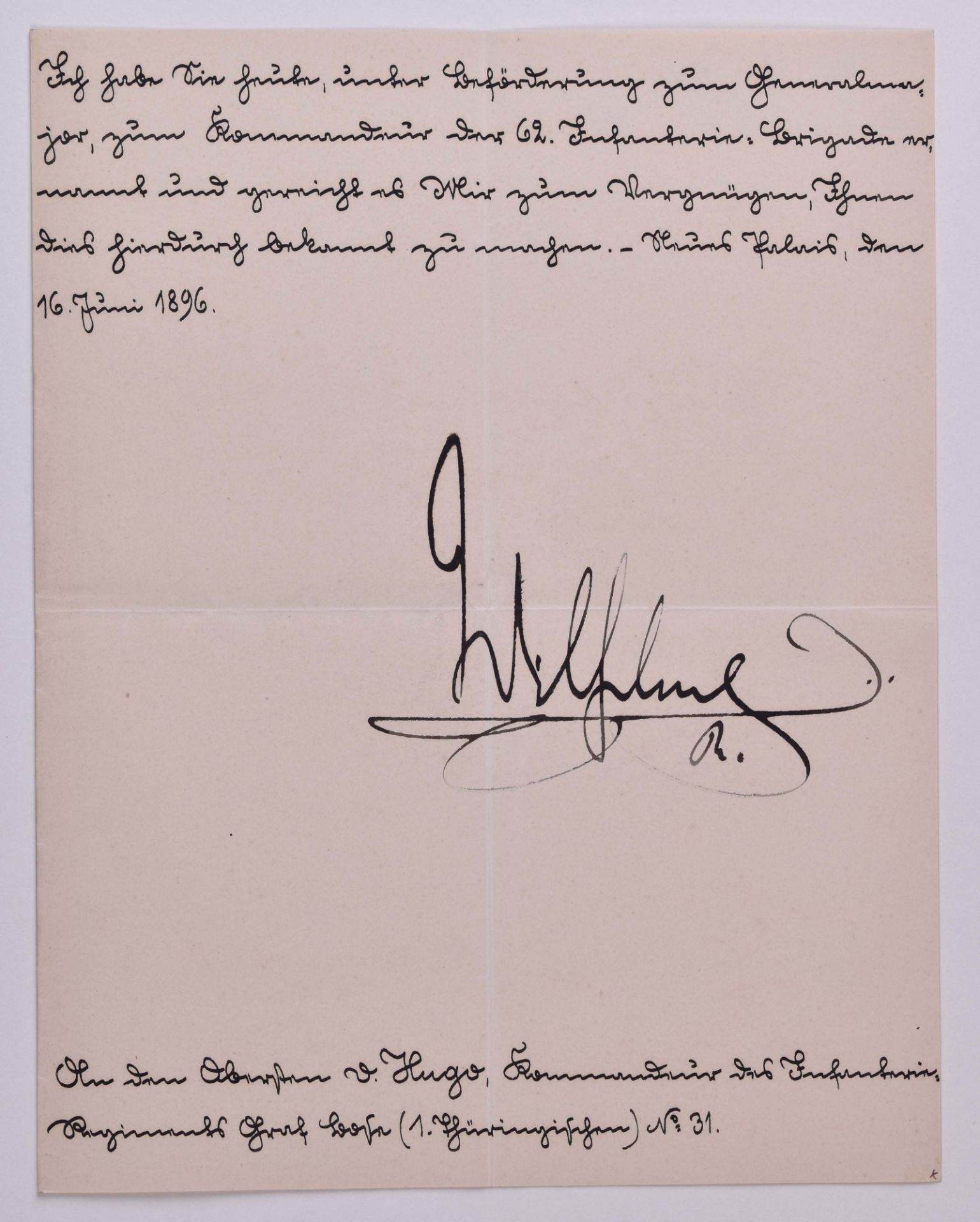 Ernennung zum Generalmajor vom 16.06.1896Mitteilung zur Ernennung zum Generalmajor von Oberst Carl-