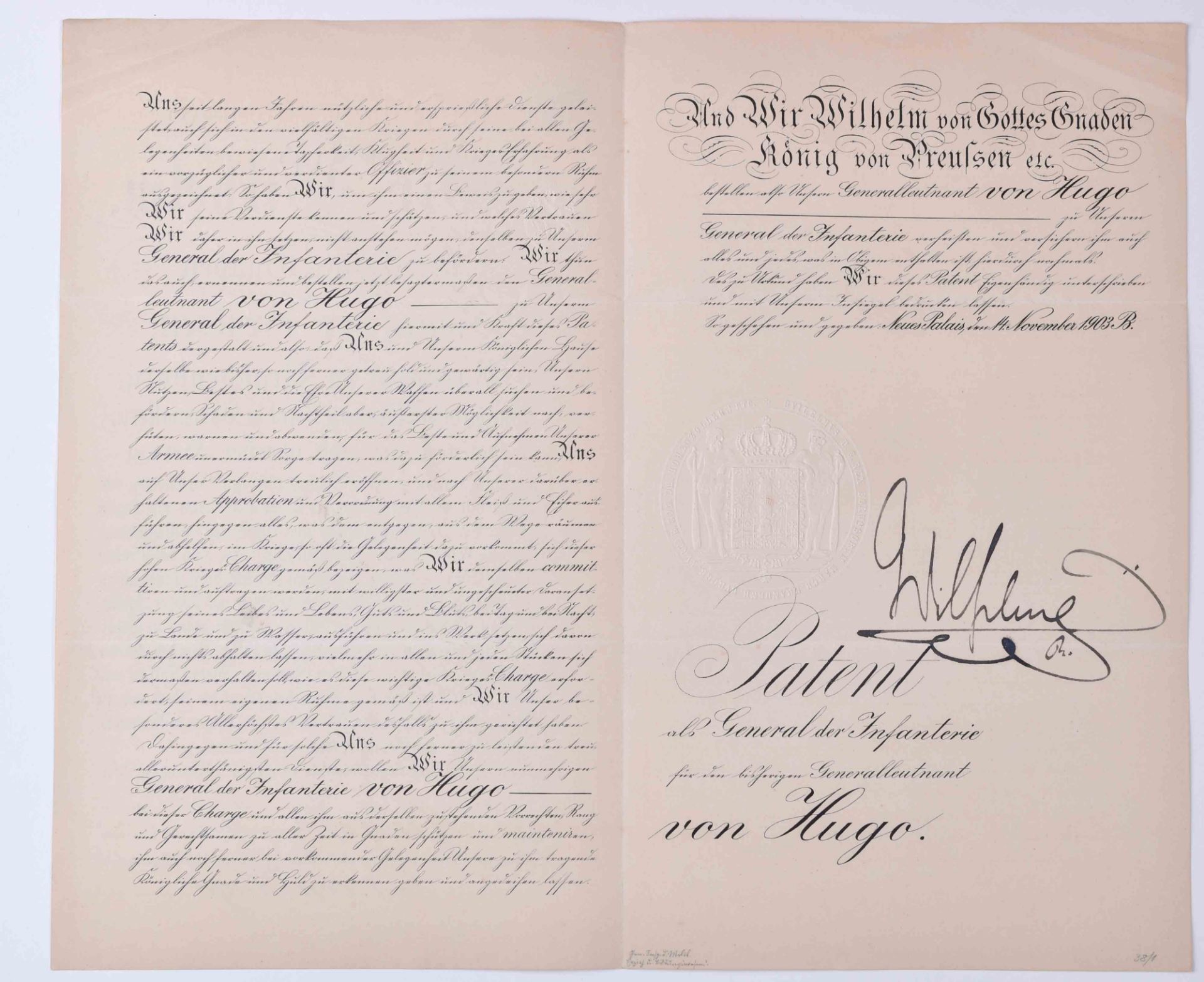 Offizierspatent vom 14.11.1903Patent als General der Infantrie für Carl-Georg von Hugo, mit - Bild 2 aus 3