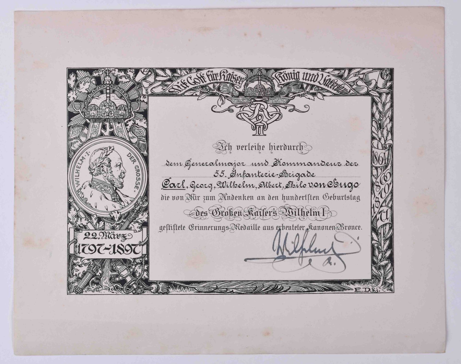 Verleihungsurkunde Erinnerungsmedaille 22.3.1897Verleihungsurkunde zur Erinnerungsmedaille zum