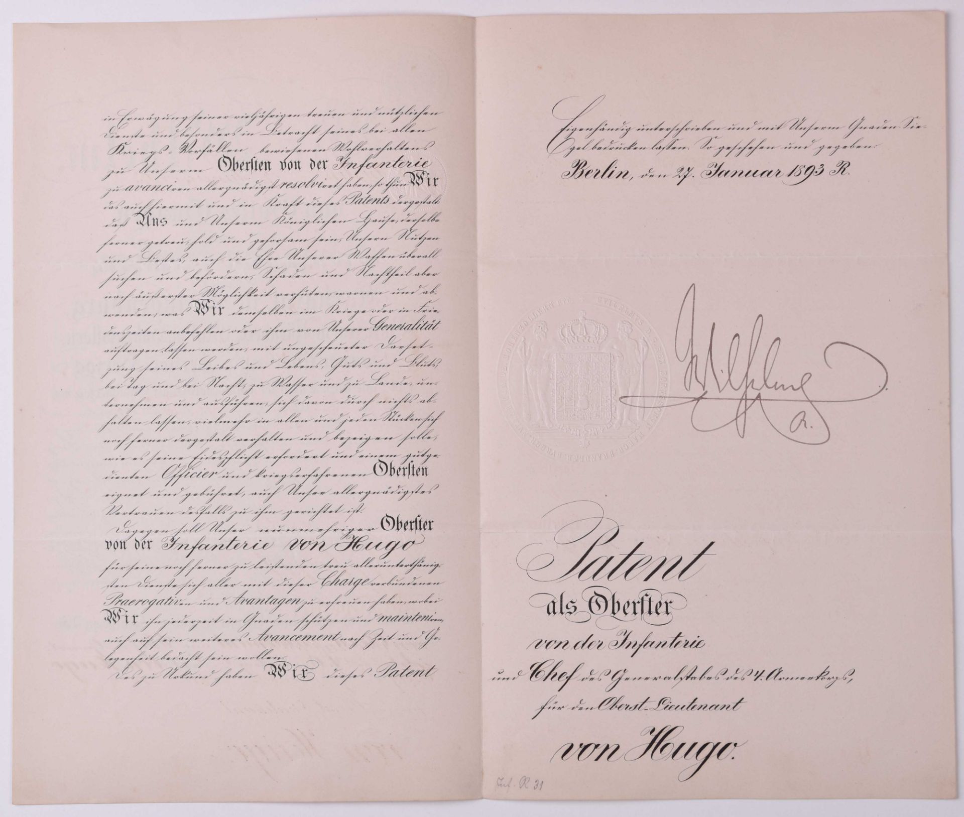 Offizierspatent vom 27.01.1893Patent als Oberster der Infantrie für Carl-Georg von Hugo mit - Bild 2 aus 2