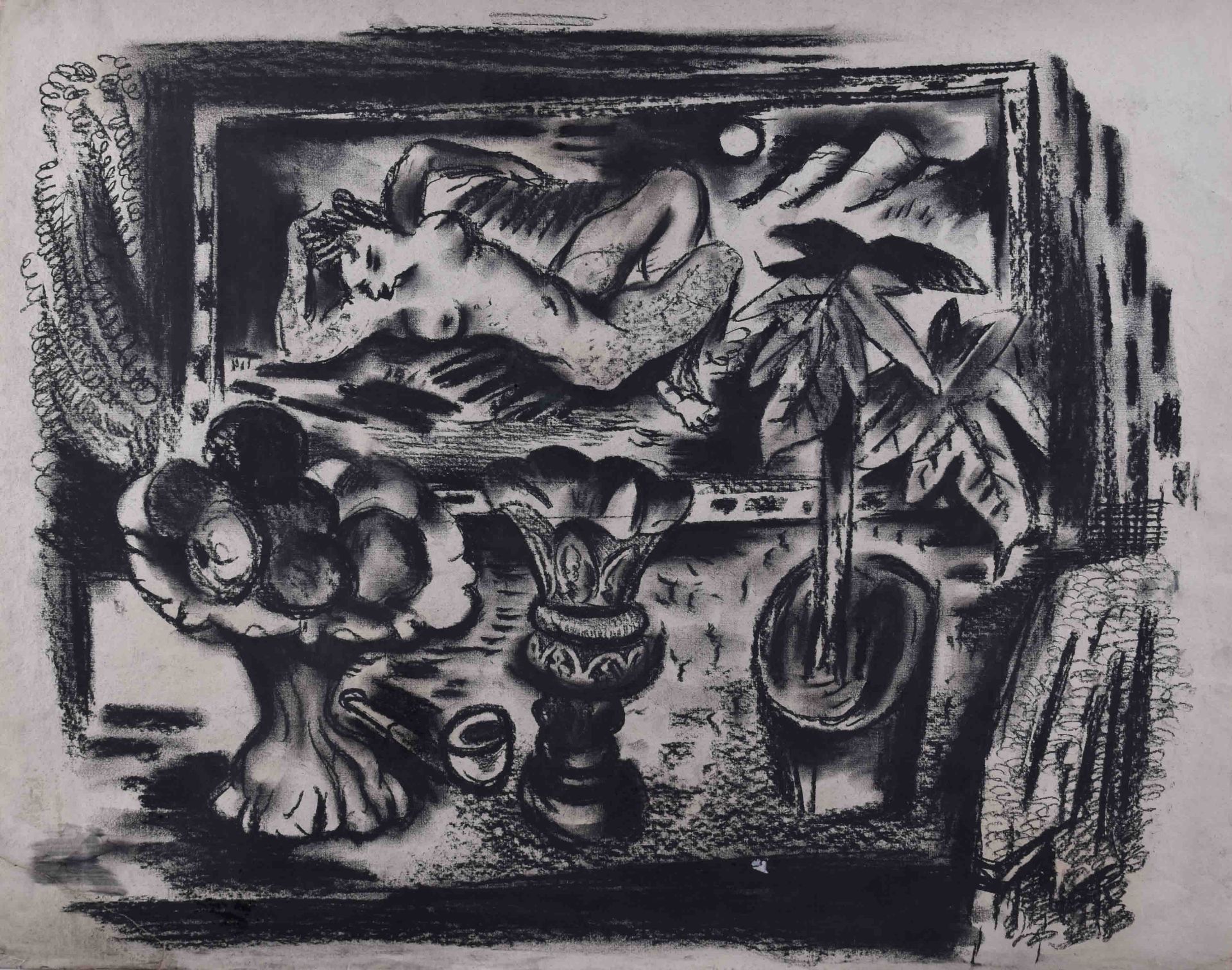 Paul KUHFUSS (1883-1960)"Stillleben mit liegendem Akt"Zeichnung-Sibierische Kreide, Papier 57 cm x