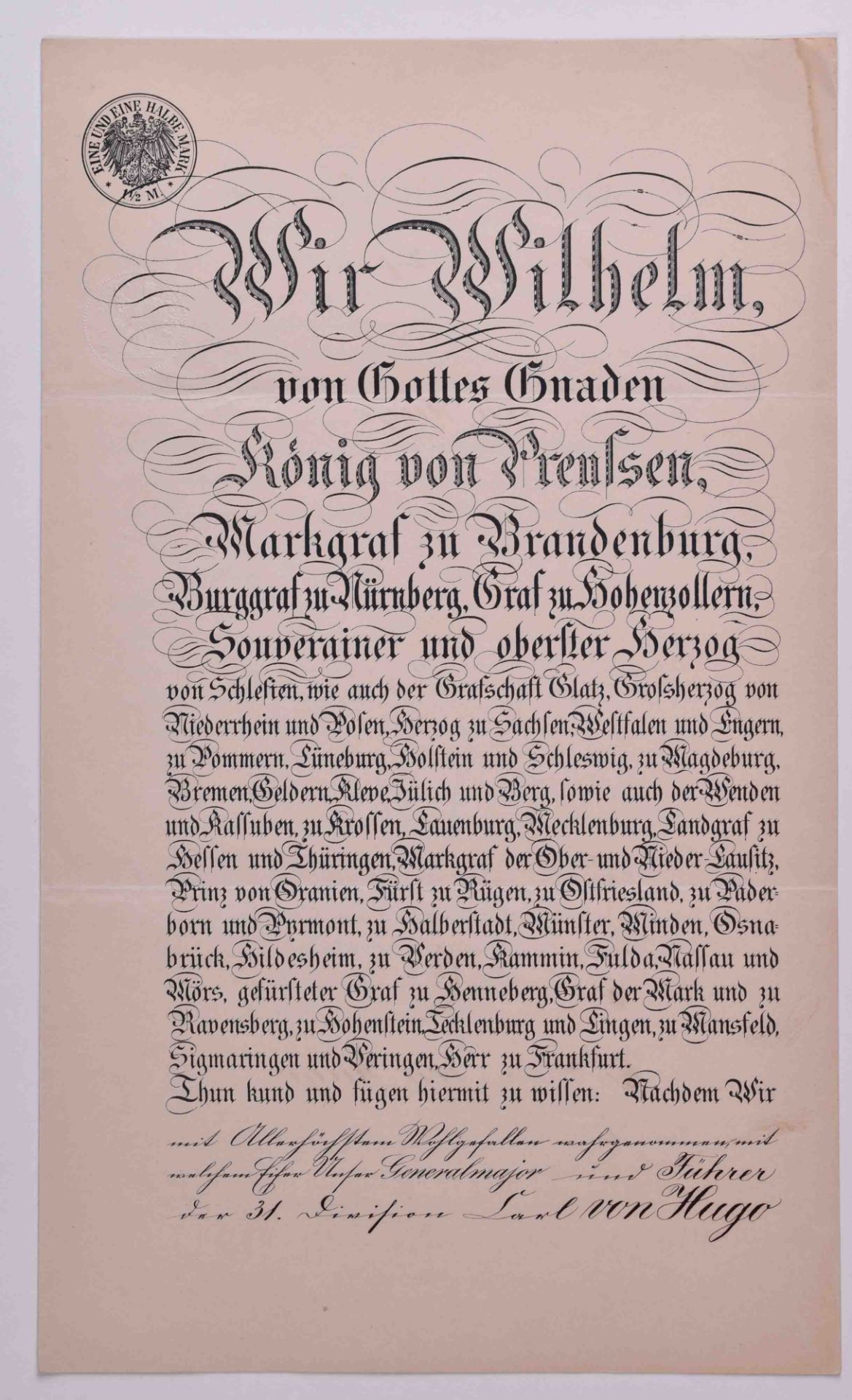 Offizierspatent vom 3.7.1899Patent als General Leutnant für Carl-Georg von Hugo, mit eigenhändiger