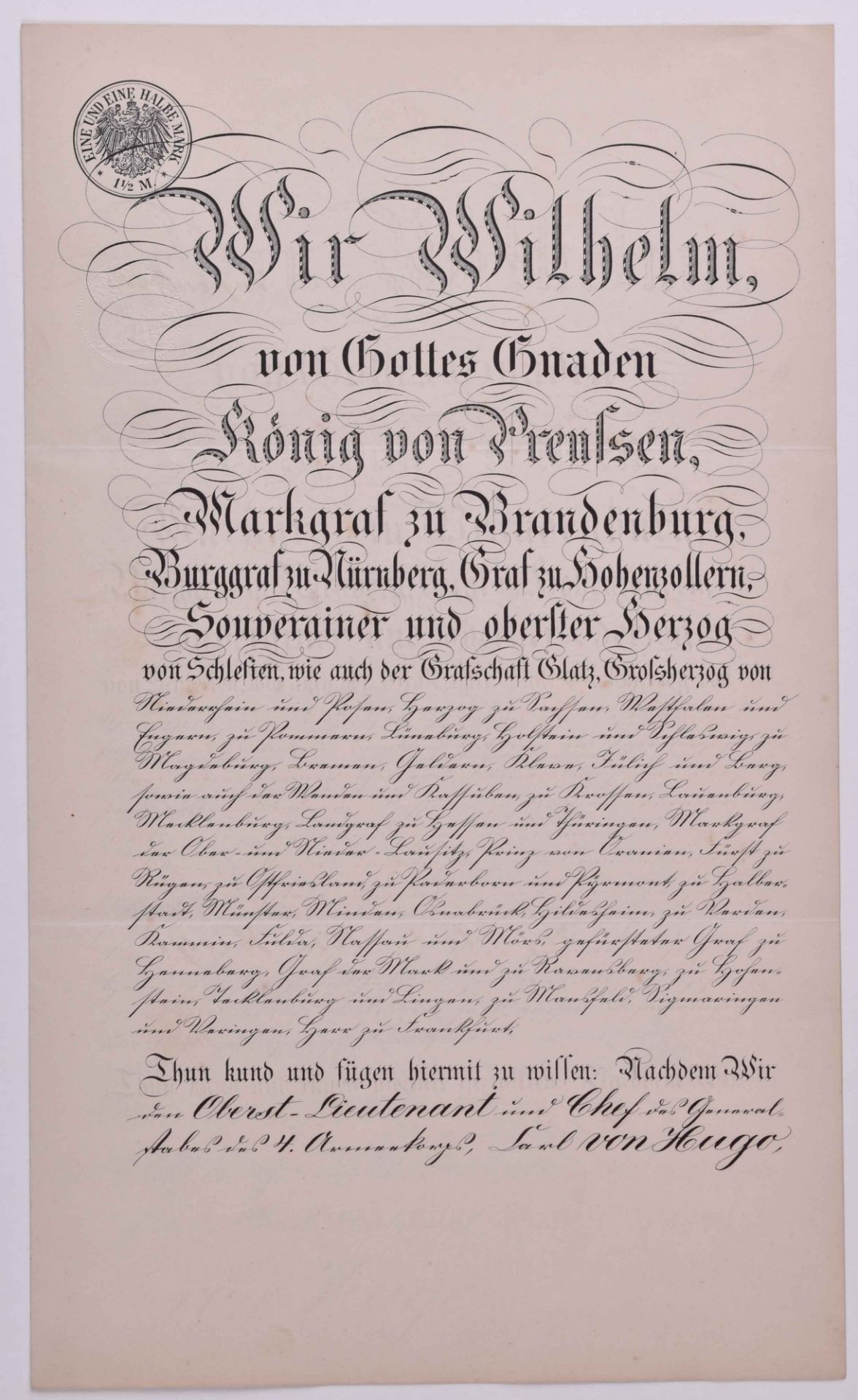 Offizierspatent vom 27.01.1893Patent als Oberster der Infantrie für Carl-Georg von Hugo mit