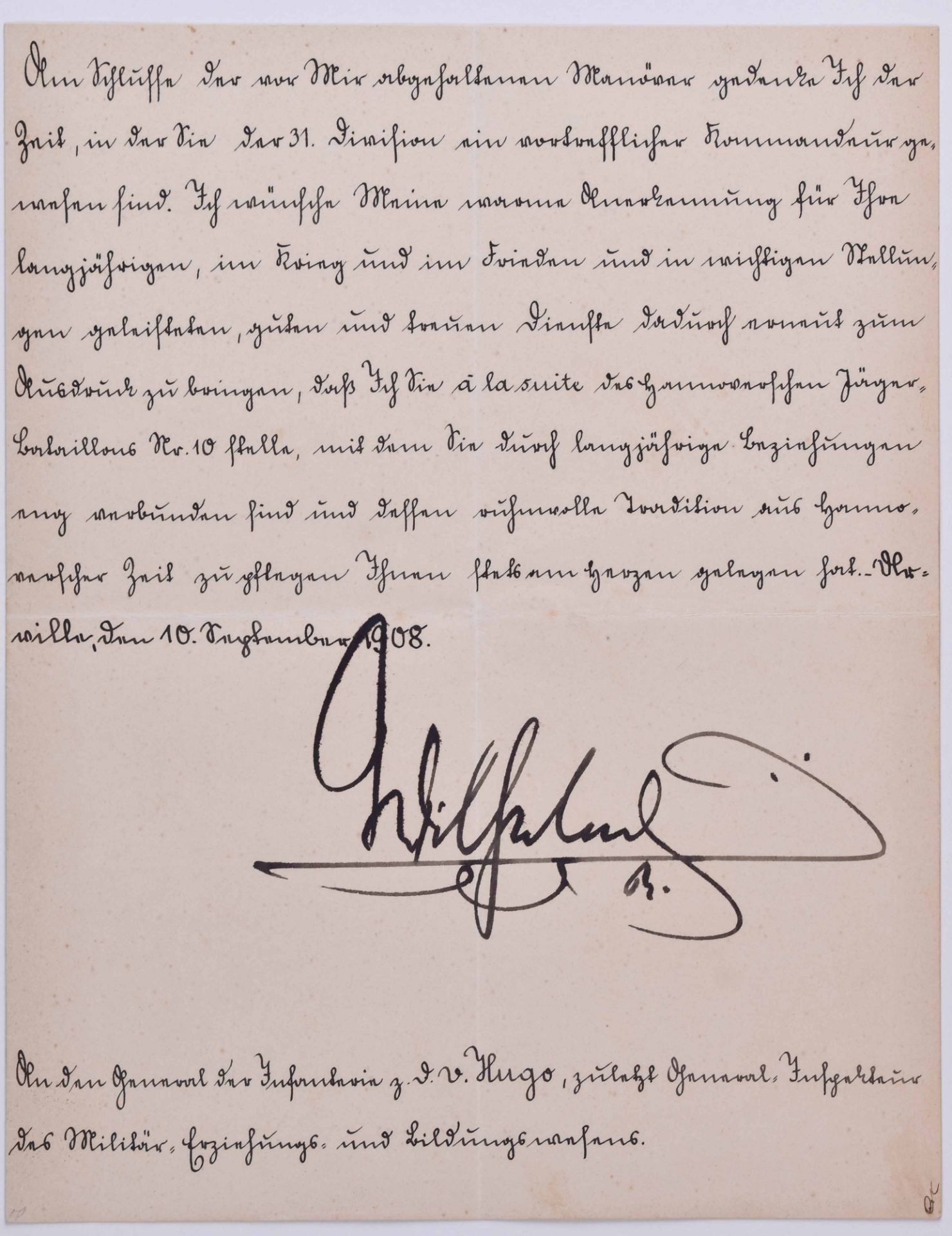 Ernennung zum General a la Suite vom 10.9.1908Ernennung zum General a la Suite für Carl-Georg
