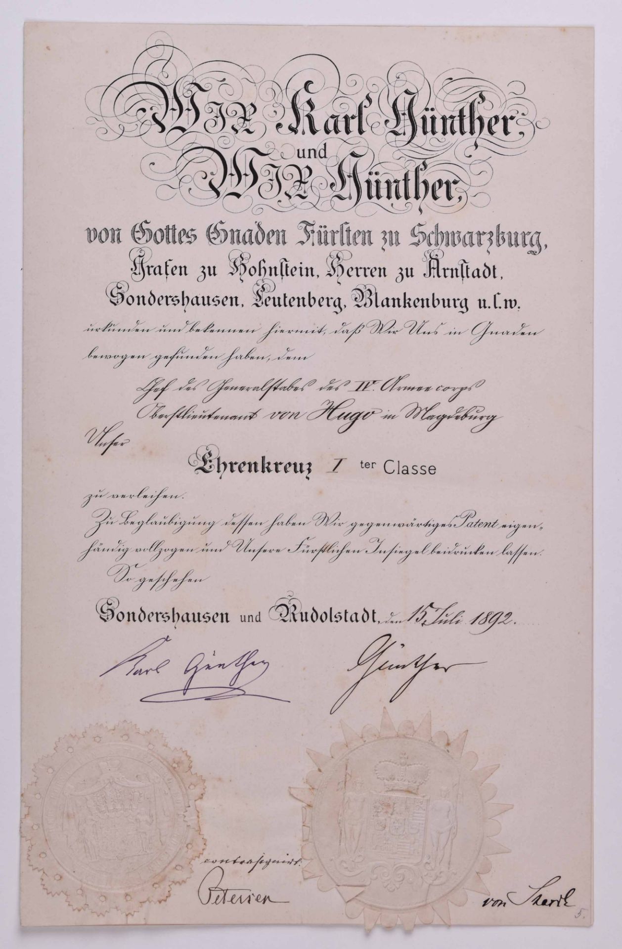 Verleihungsurkunde Ehrenkreuz I. Klasse vom 15.07.1892Verleihungsurkunde Ehrenkreuz 1. Klasse für