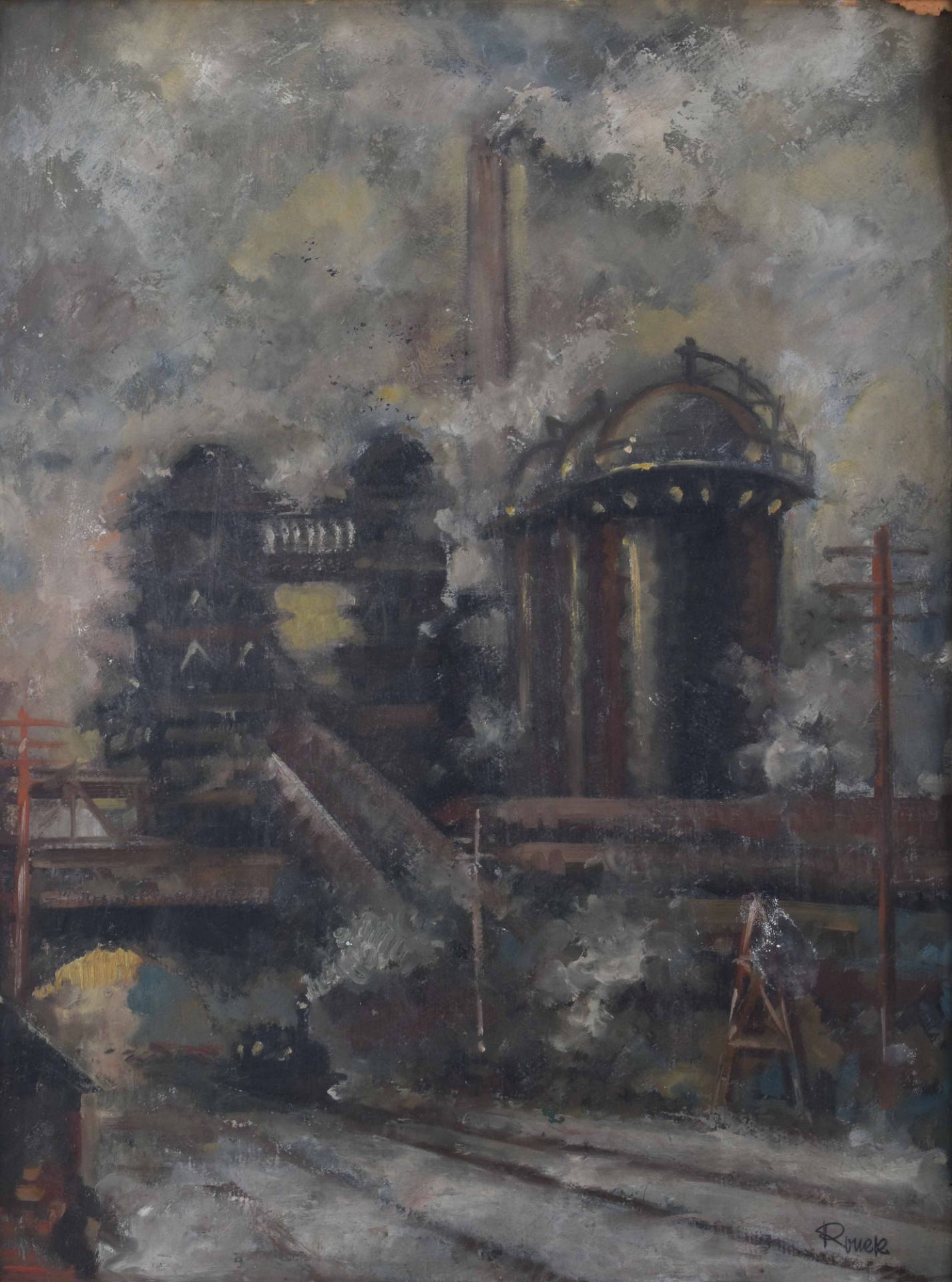 Jaroslav RONEK (1892-1962)"Industrielandschaft mit Lokomotive"Öl auf Karton unter Glas gerahmt,