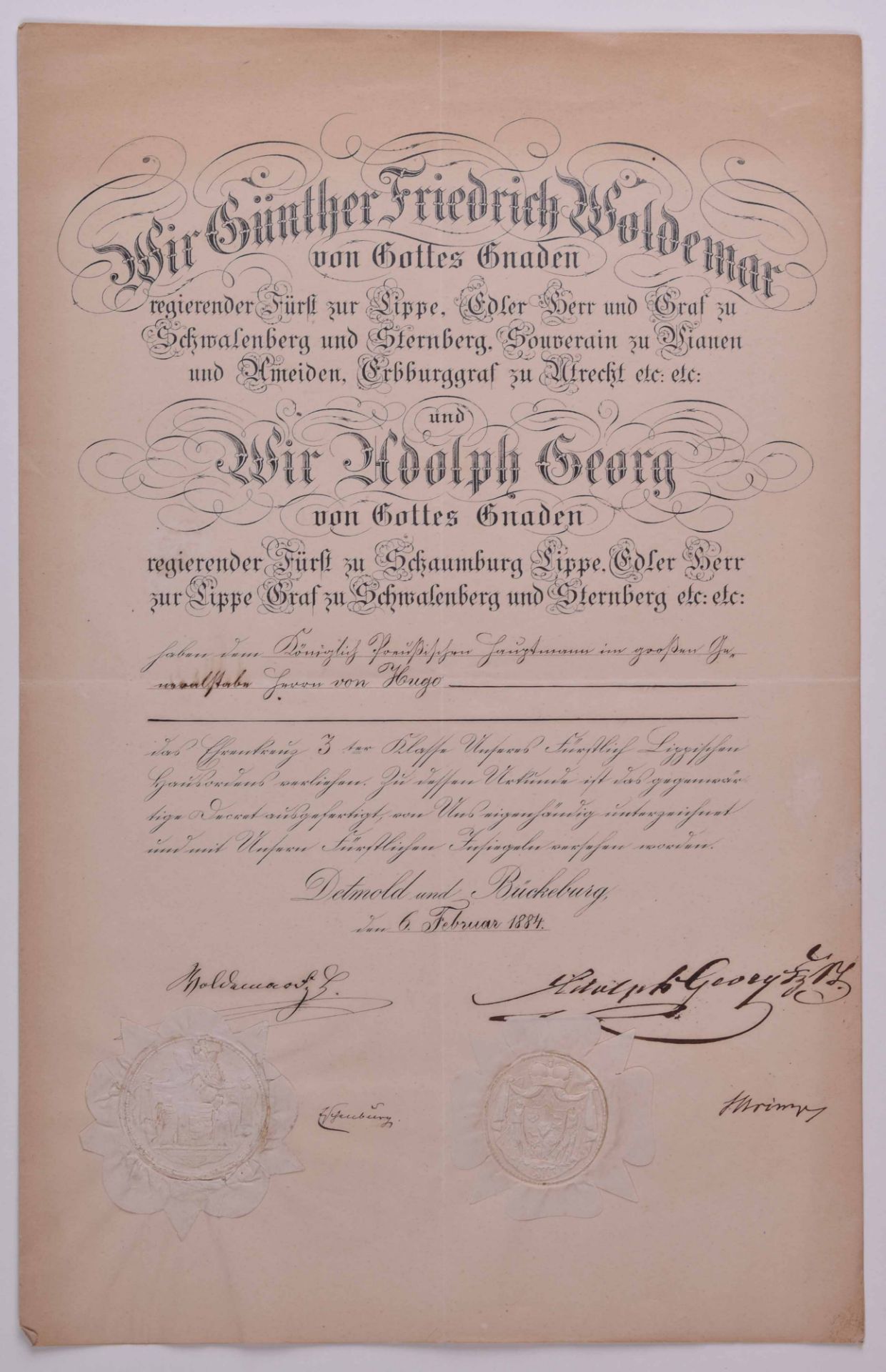 Verleihungsurkunde Ehrenkreuz III. Klasse zum Hausorden vom 6.02.1884 Lippe