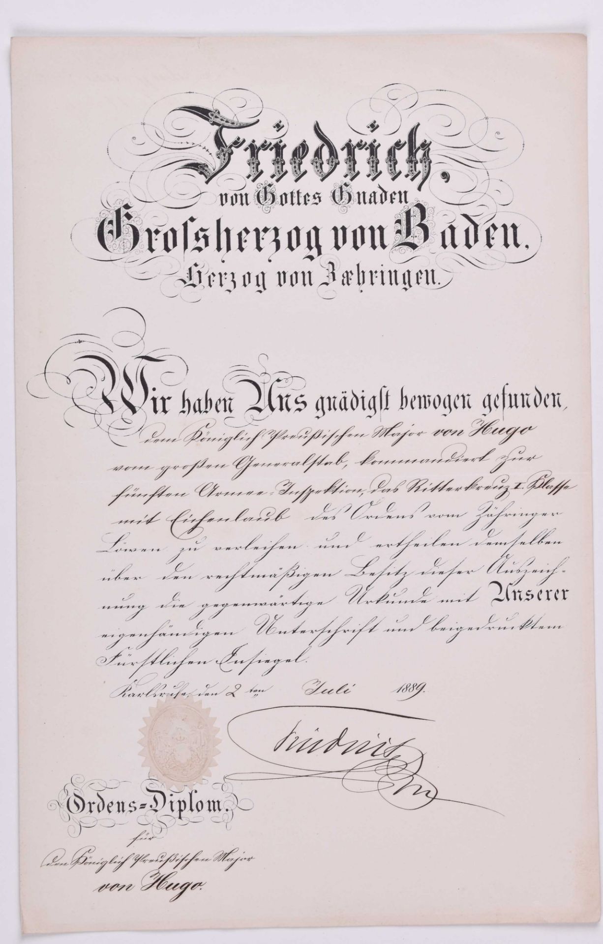 Verleihungsurkunde Ritterkreuz I. Klasse mit Eichenlaub vom 2.7.1889 BadenRitterkreuz zum Orden