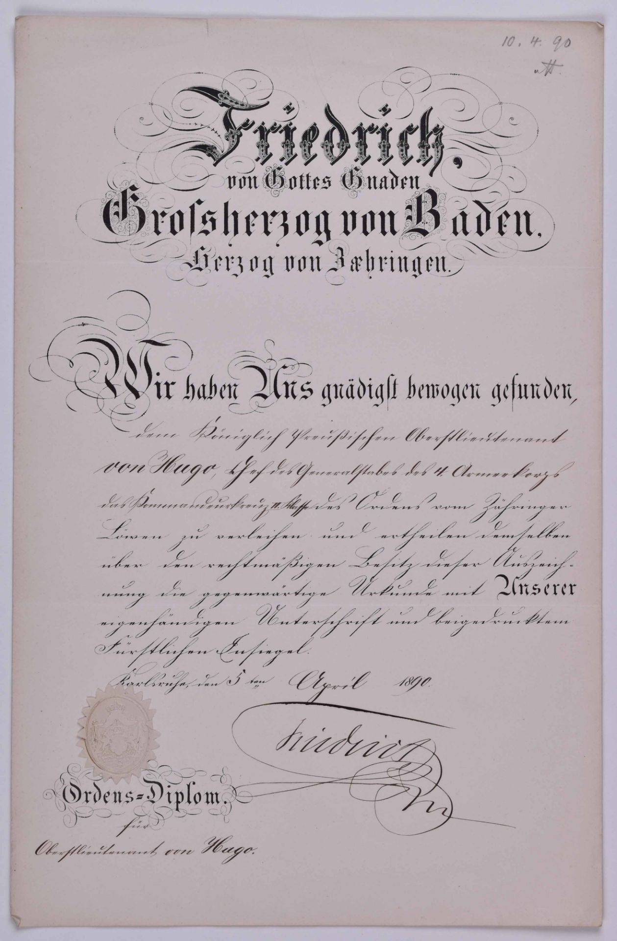 Verleihungsurkunde Kommandeurskreuz II. Klasse vom 5.04.1890 BadenVerleihungsurkunde zum