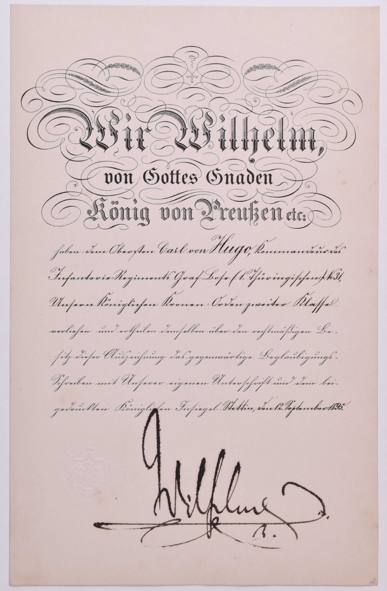 Verleihungsurkunde Kronenorden II. Klasse vom 12.09.1895 PreussenVerleihungsurkunde Kronenorden