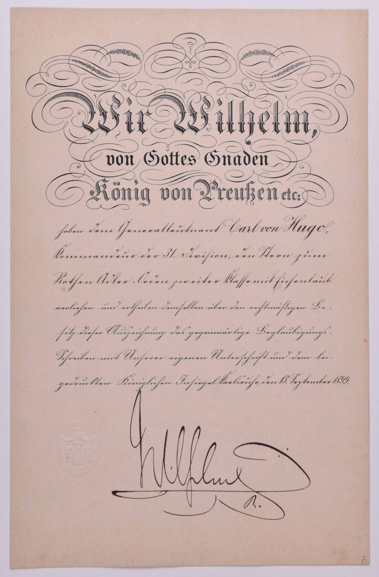 Verleihungsurkunde Roten Adler Orden mit Eichenlaub 13.9.1899, PreussenVerleihungsurkunde zum