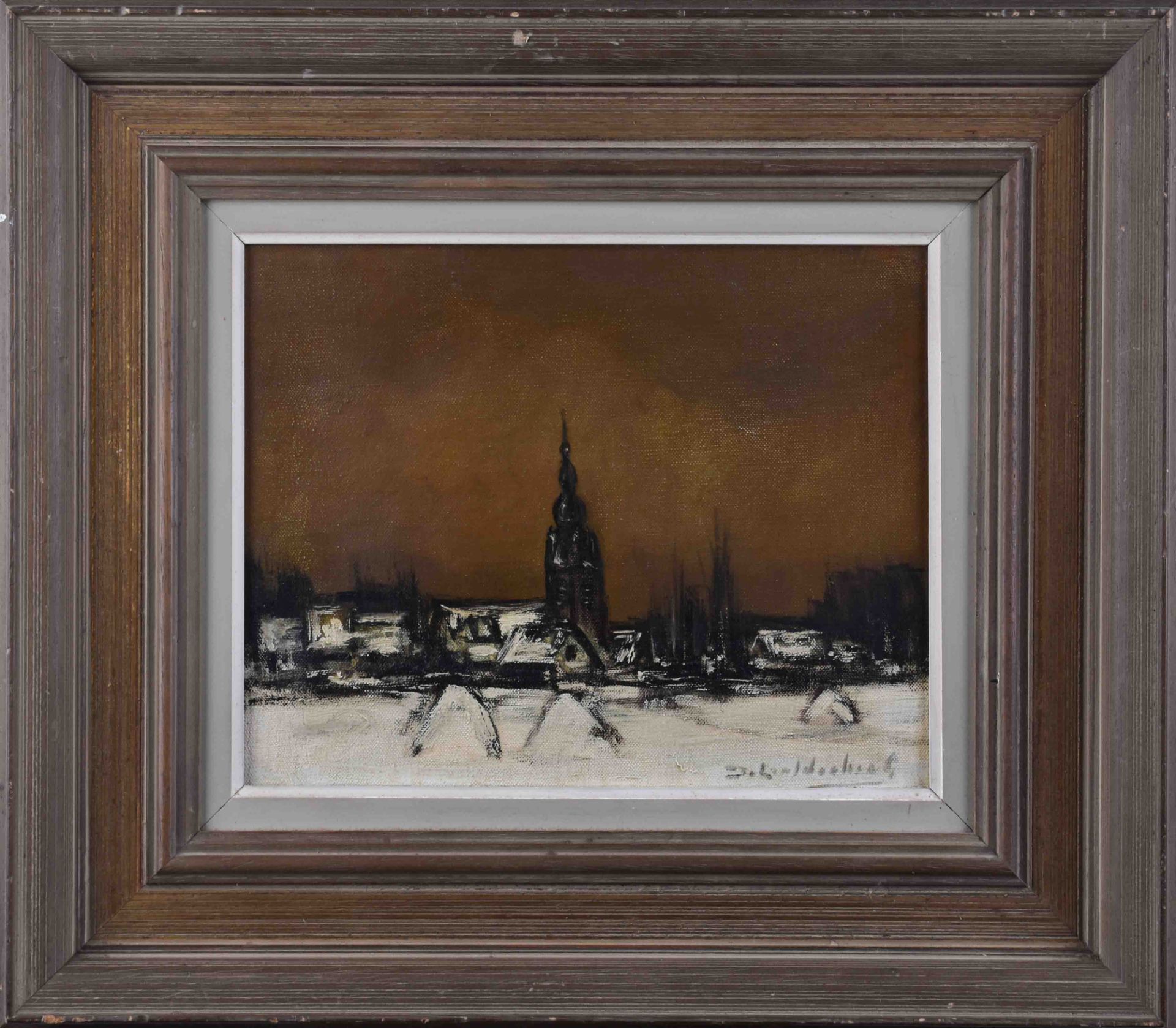 Künstler des 19. / 20. Jhd."Stadtansicht mit Kirche"Gemälde Öl / Leinwand, 24 cm x 30 cm, mit Rahmen - Bild 2 aus 6