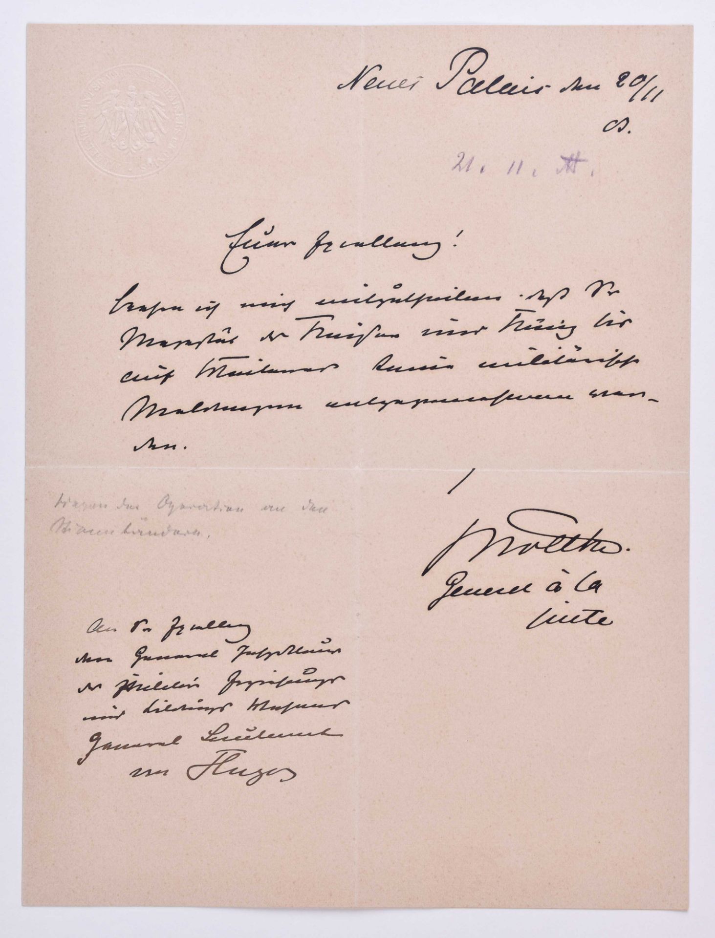 Pers. Brief von General von Moltke 20.11.03Befreiung von Militärischer Meldung wegen Stimmband OP